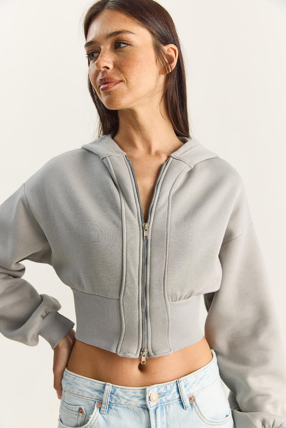 Kadın Fermuarlı Kapüşonlu Belden Oturmalı Esnek Örme Crop Sweatshirt 60283858 - Mint HIRKA modelleri