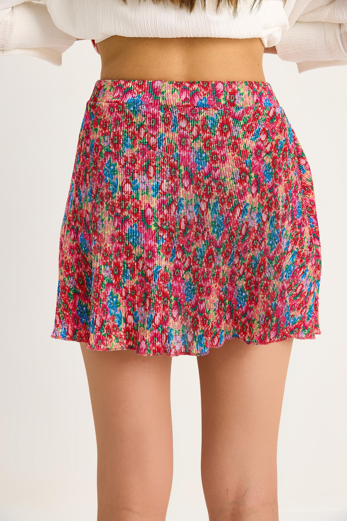 Kadın Flower Desen Pliseli Mini Boy Etek 60283485 - Pembe