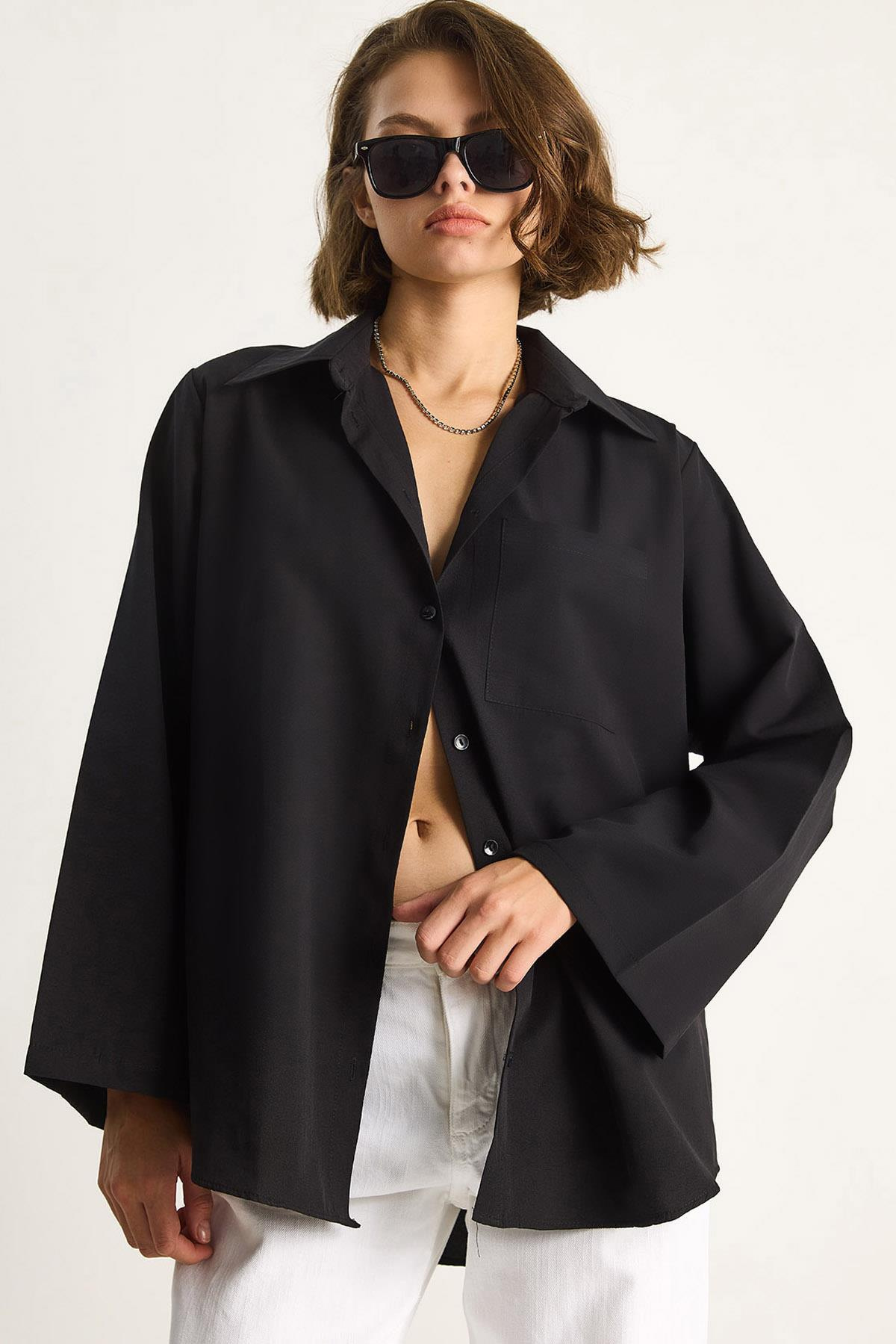 Kadın Geniş Kollu Tek Cep Detaylı Oversize Basic Poplin Gömlek 2144 60284103 - Siyah CEKET modelleri