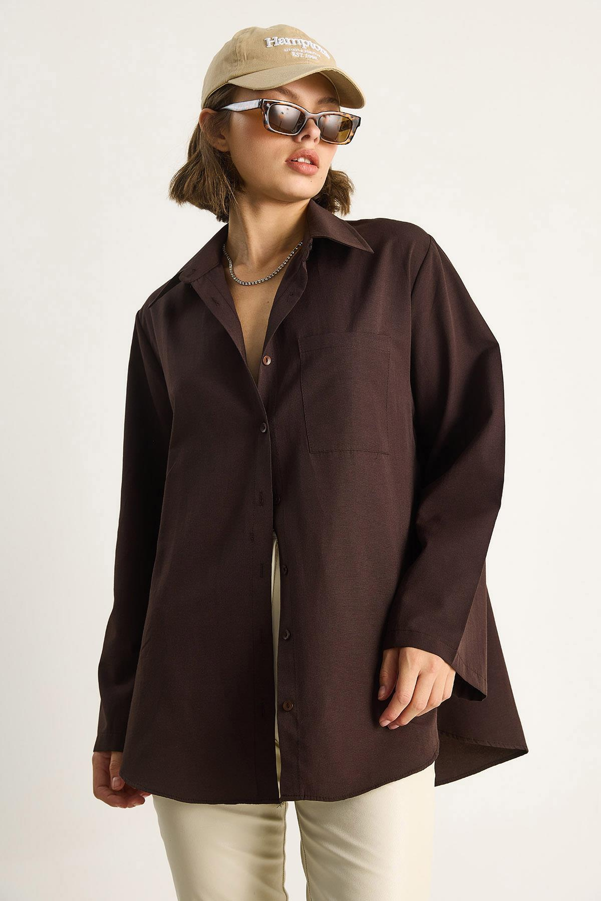 Kadın Geniş Kollu Tek Cep Detaylı Oversize Basic Poplin Gömlek 2144 60284103 - Acı Kahve CEKET modelleri