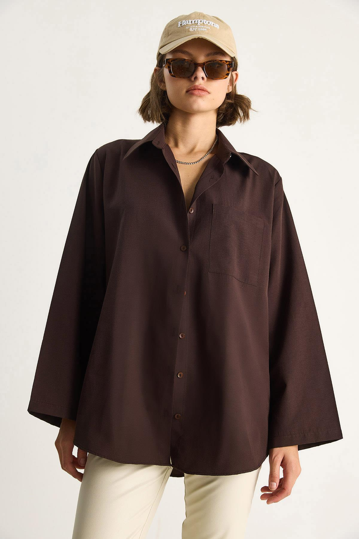 Kadın Geniş Kollu Tek Cep Detaylı Oversize Basic Poplin Gömlek 2144 60284103 - Acı Kahve CEKET modelleri