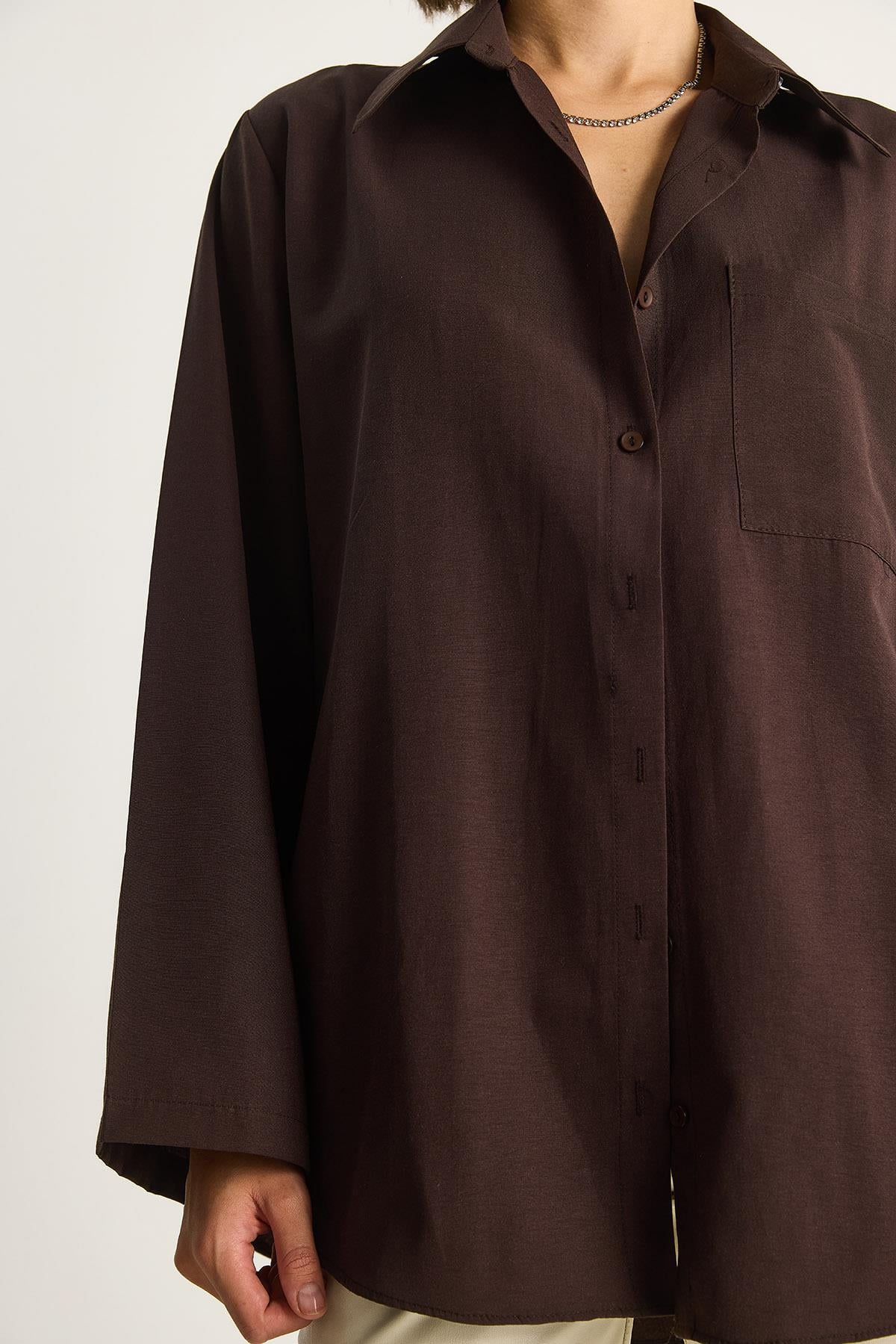 Kadın Geniş Kollu Tek Cep Detaylı Oversize Basic Poplin Gömlek 2144 60284103 - Acı Kahve CEKET modelleri