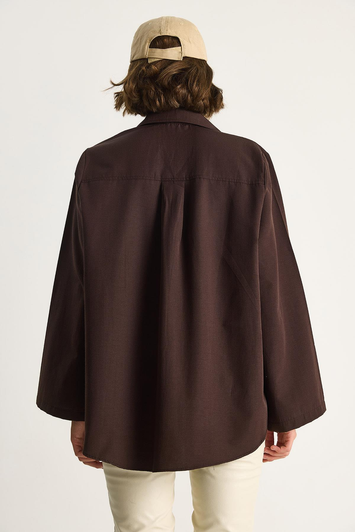 Kadın Geniş Kollu Tek Cep Detaylı Oversize Basic Poplin Gömlek 2144 60284103 - Acı Kahve CEKET modelleri