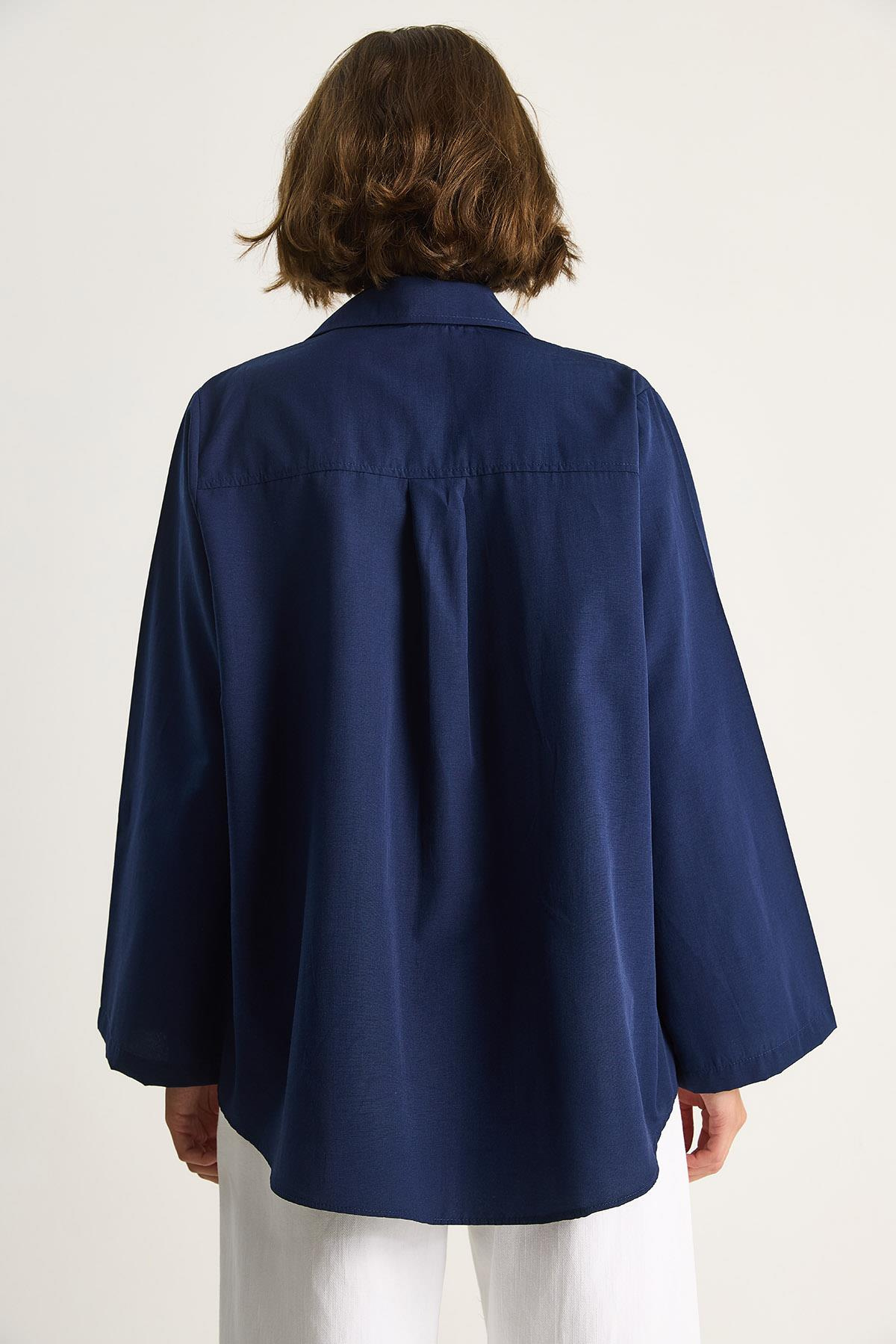 Kadın Geniş Kollu Tek Cep Detaylı Oversize Basic Poplin Gömlek 2144 60284103 - Lacivert CEKET modelleri