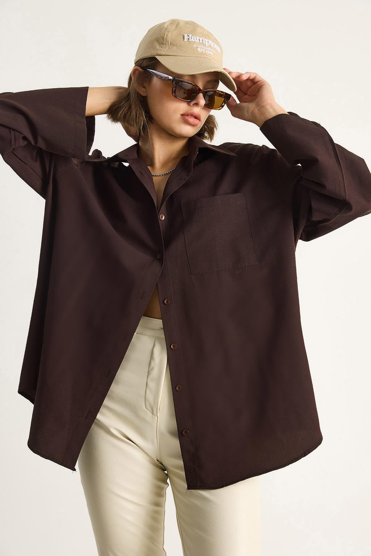 Kadın Geniş Kollu Tek Cep Detaylı Oversize Basic Poplin Gömlek 2144 60284103 - Acı Kahve CEKET modelleri