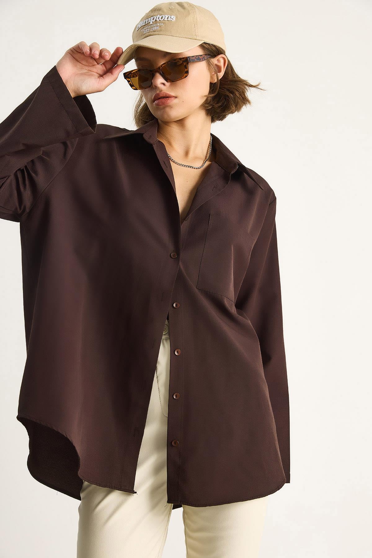 Kadın Geniş Kollu Tek Cep Detaylı Oversize Basic Poplin Gömlek 2144 60284103 - Acı Kahve CEKET modelleri