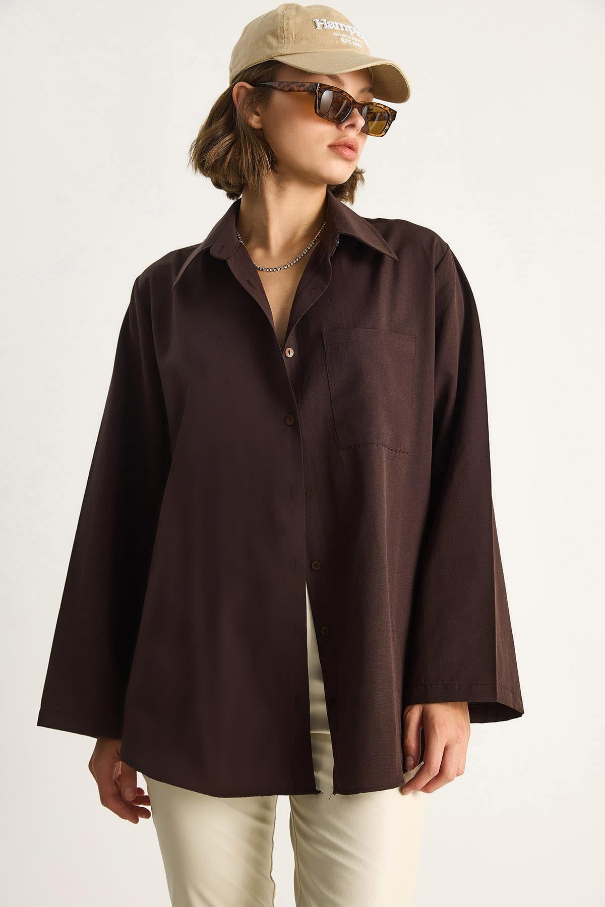 Kadın Geniş Kollu Tek Cep Detaylı Oversize Basic Poplin Gömlek 2144 60284103 - Acı Kahve CEKET modelleri