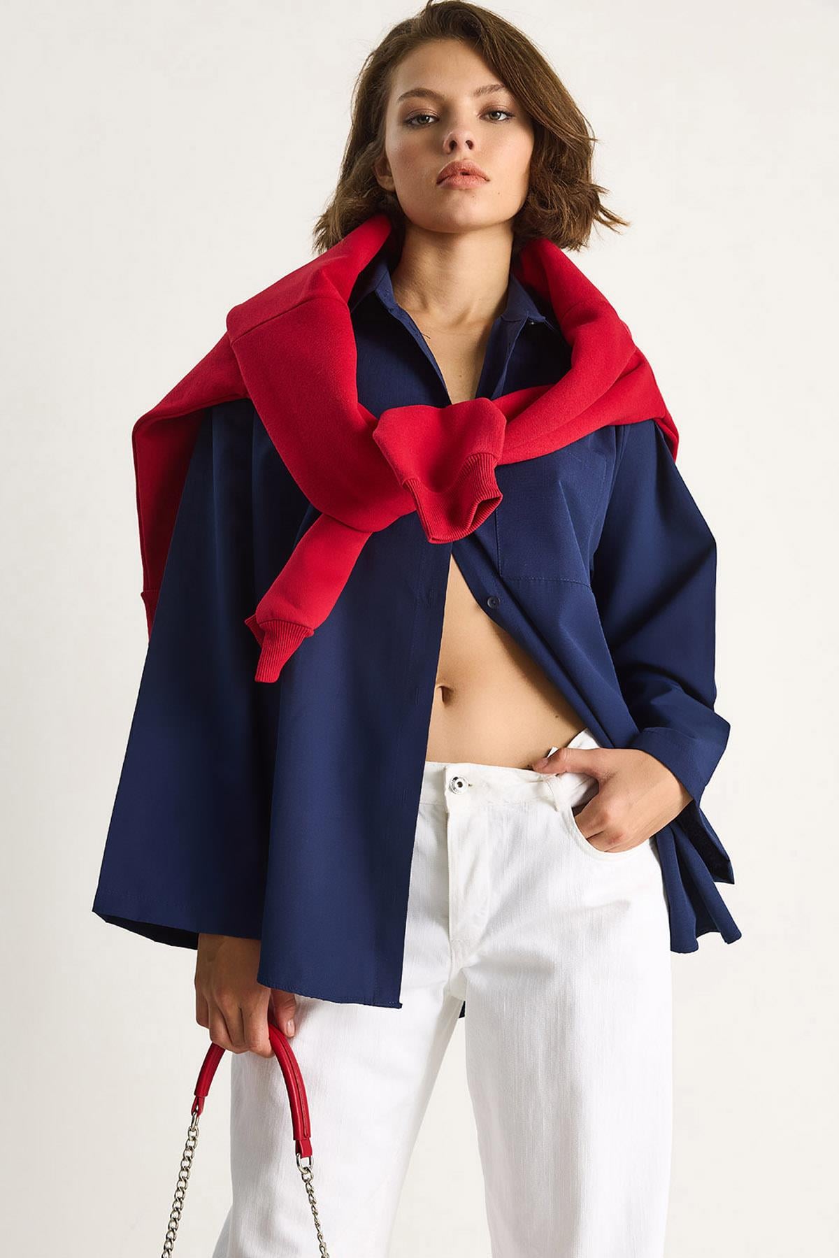 Kadın Geniş Kollu Tek Cep Detaylı Oversize Basic Poplin Gömlek 2144 60284103 - Lacivert CEKET modelleri