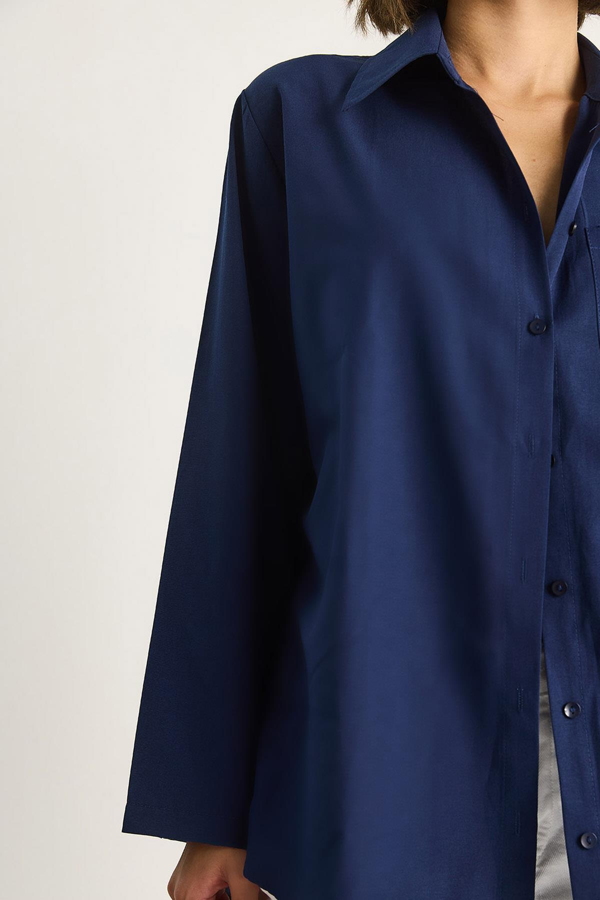 Kadın Geniş Kollu Tek Cep Detaylı Oversize Basic Poplin Gömlek 2144 60284103 - Lacivert CEKET modelleri