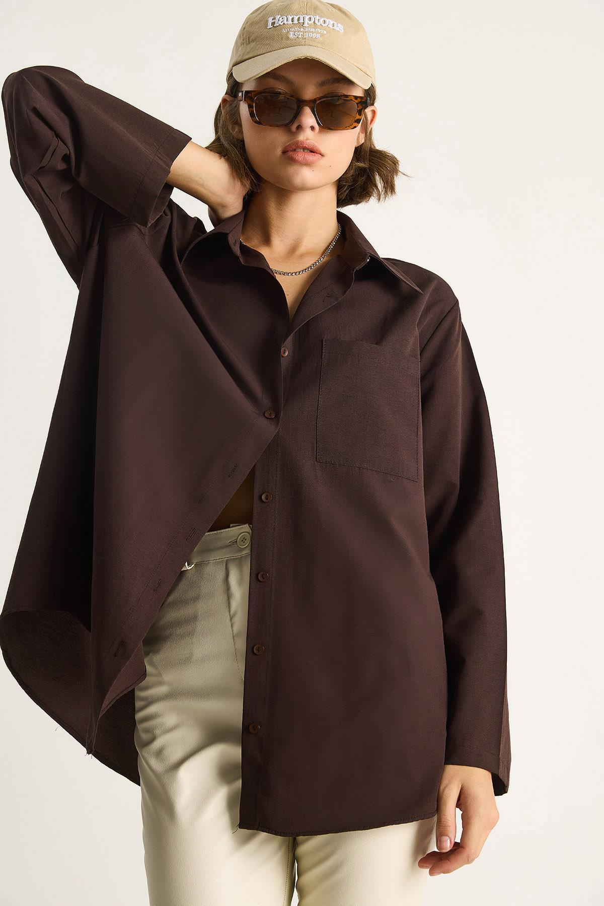 Kadın Geniş Kollu Tek Cep Detaylı Oversize Basic Poplin Gömlek 2144 60284103 - Acı Kahve CEKET modelleri