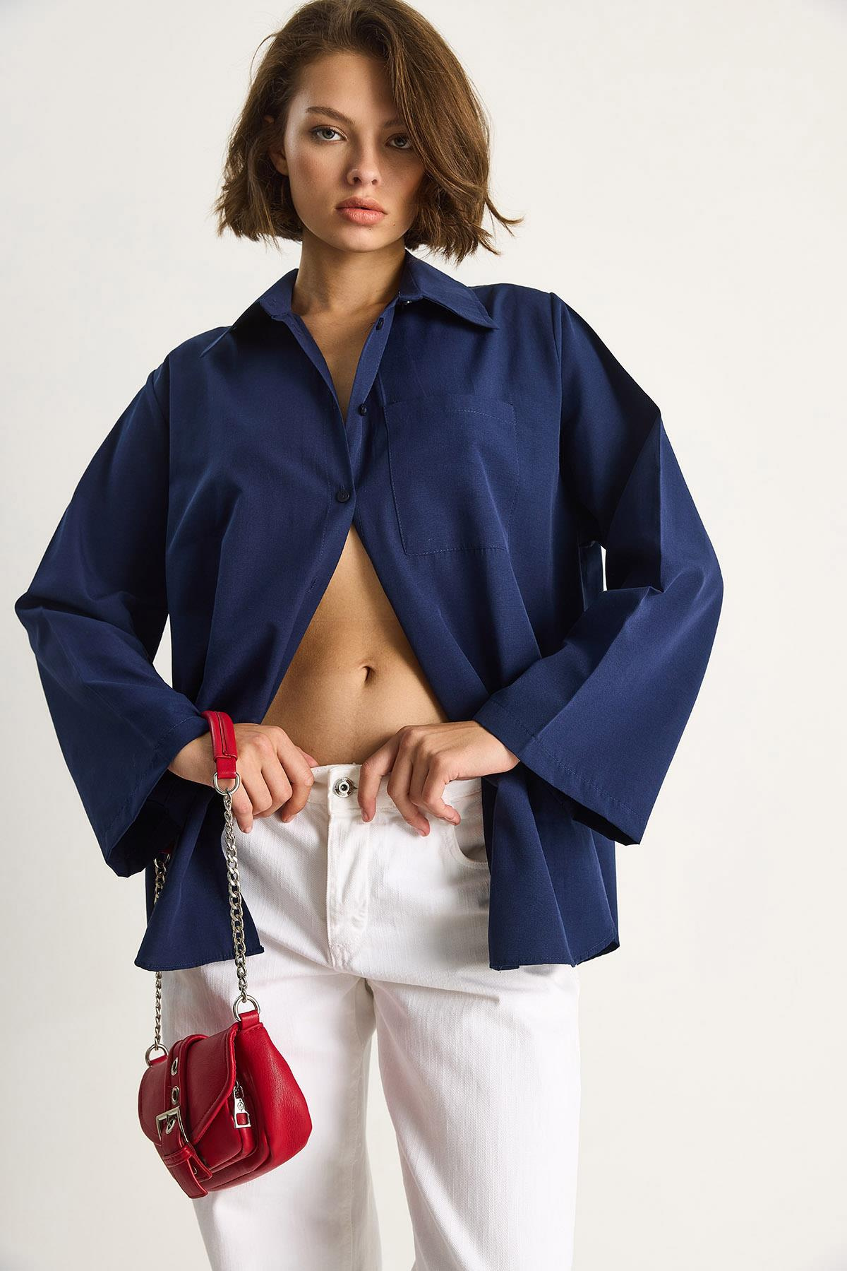 Kadın Geniş Kollu Tek Cep Detaylı Oversize Basic Poplin Gömlek 2144 60284103 - Lacivert CEKET modelleri