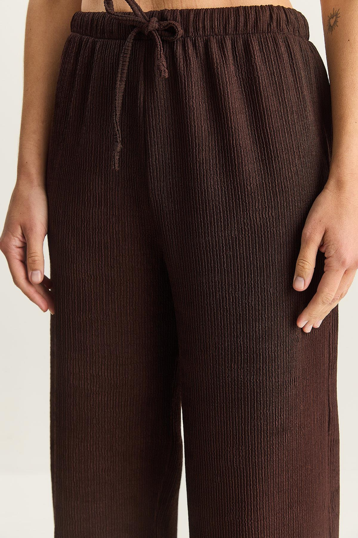 Kadın Geniş Paça Krinkıl Örme Pantolon 4108 60283847 - Kahverengi PANTOLON modelleri