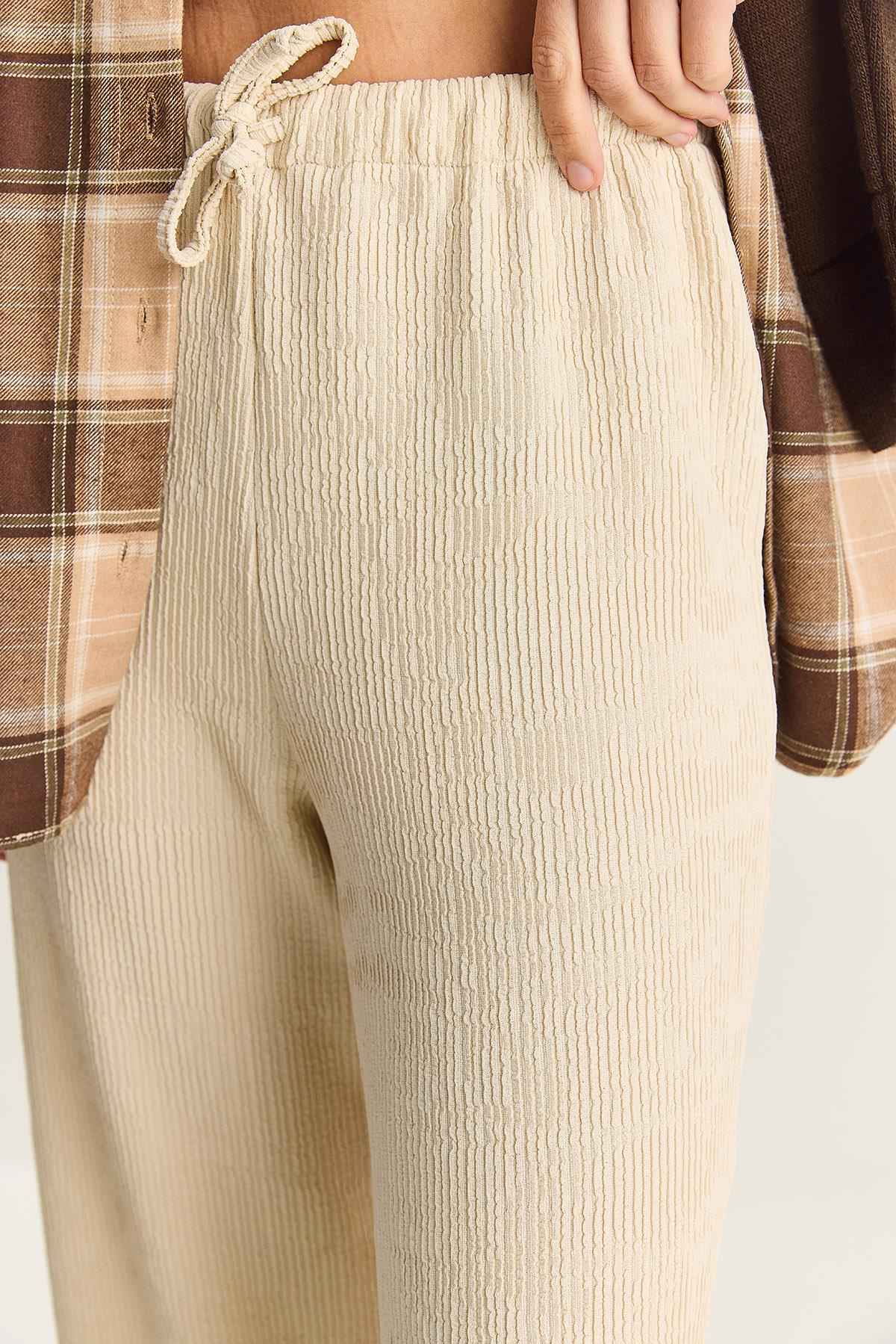 Kadın Geniş Paça Krinkıl Örme Pantolon 4108 60283847 - Krem PANTOLON modelleri