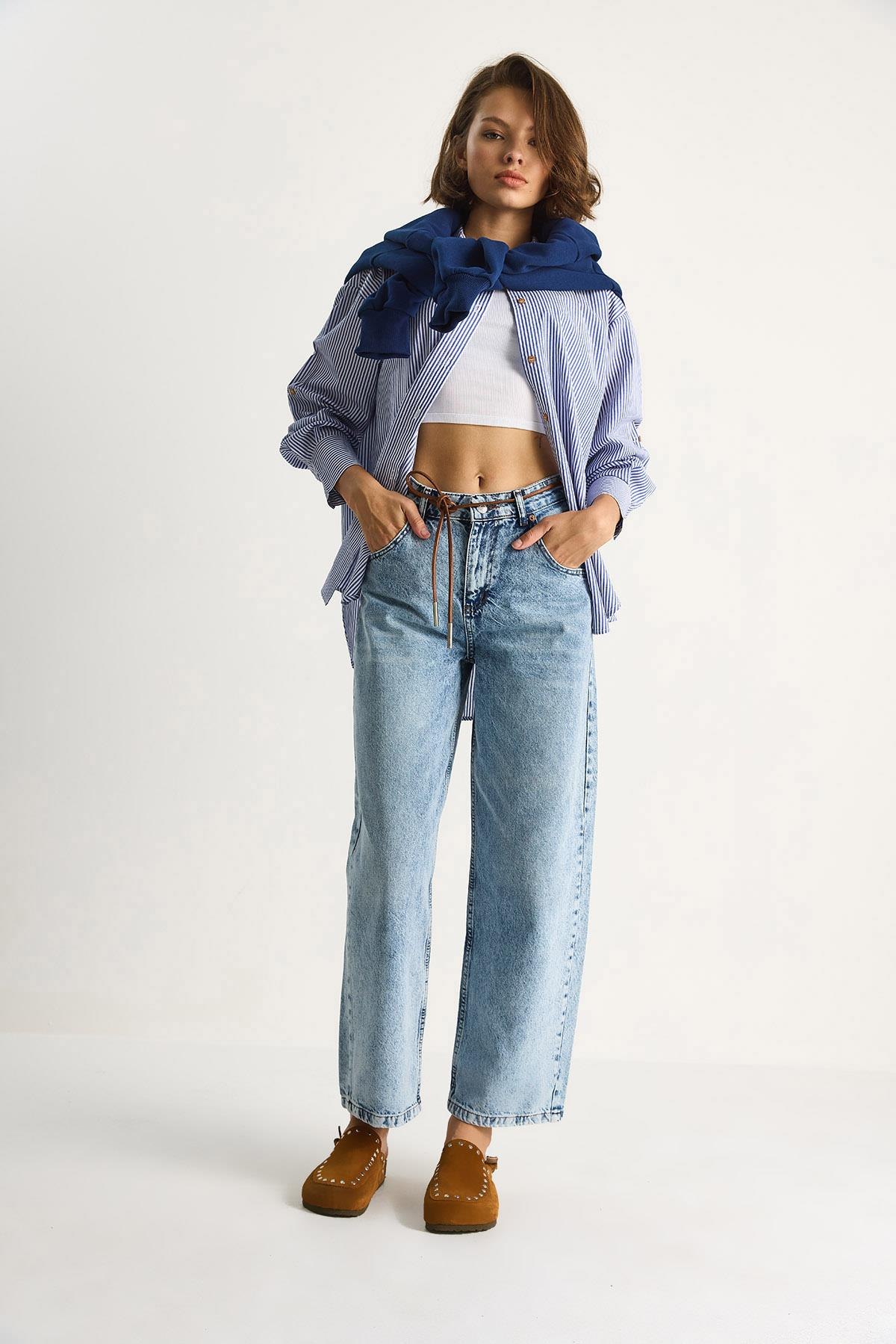 Kadın Geniş Paça Yüksek Bel Deri İp Kemerli Denim Pantolon 5288 60284109 - Kar Yıkama PANTOLON modelleri