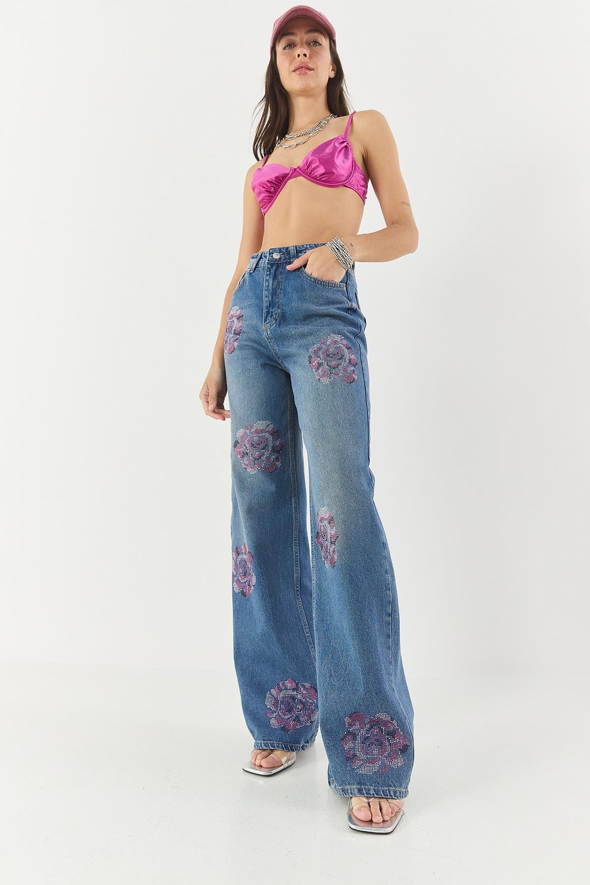Kadın Gül Desenli Renkli Taş Baskılı Yüksek Bel Straight Denim Pantolon 1071 60283315 - Mavi