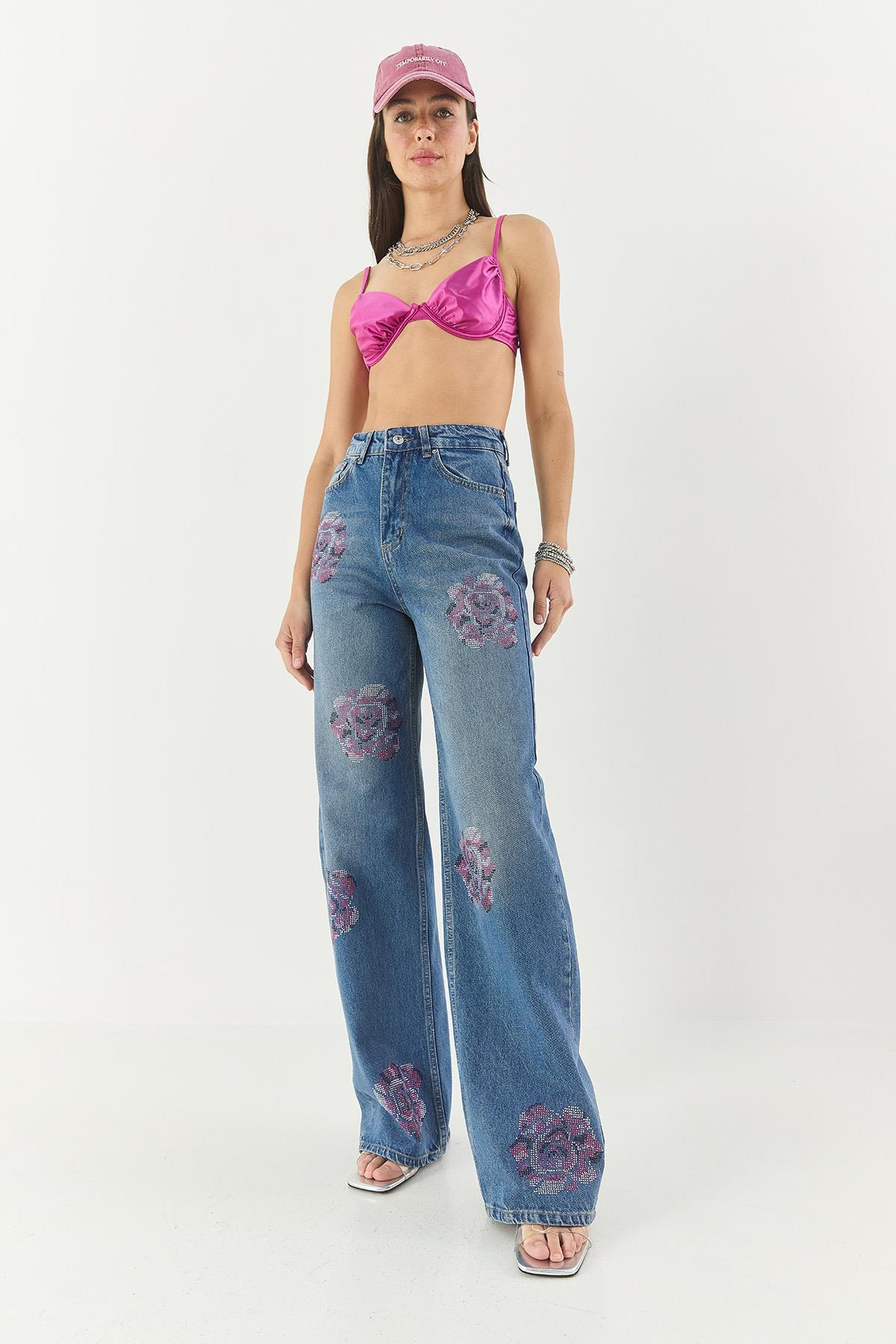 Kadın Gül Desenli Renkli Taş Baskılı Yüksek Bel Straight Denim Pantolon 1071 60283315 - Mavi