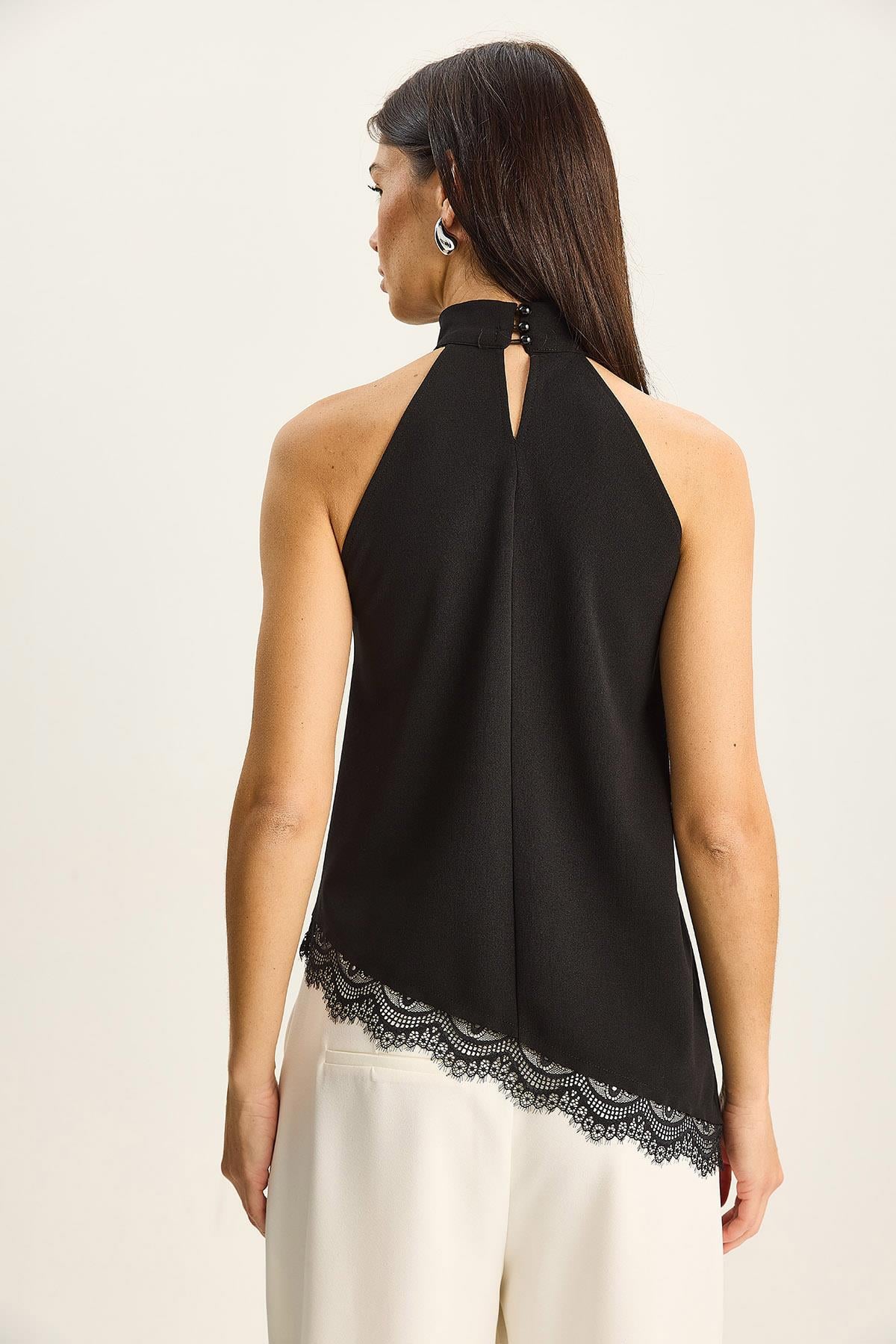 Kadın Halter Yaka Asimetrik Etek Ucu Dantel Detaylı Bluz 2914 60283791 - Siyah BLUZ modelleri