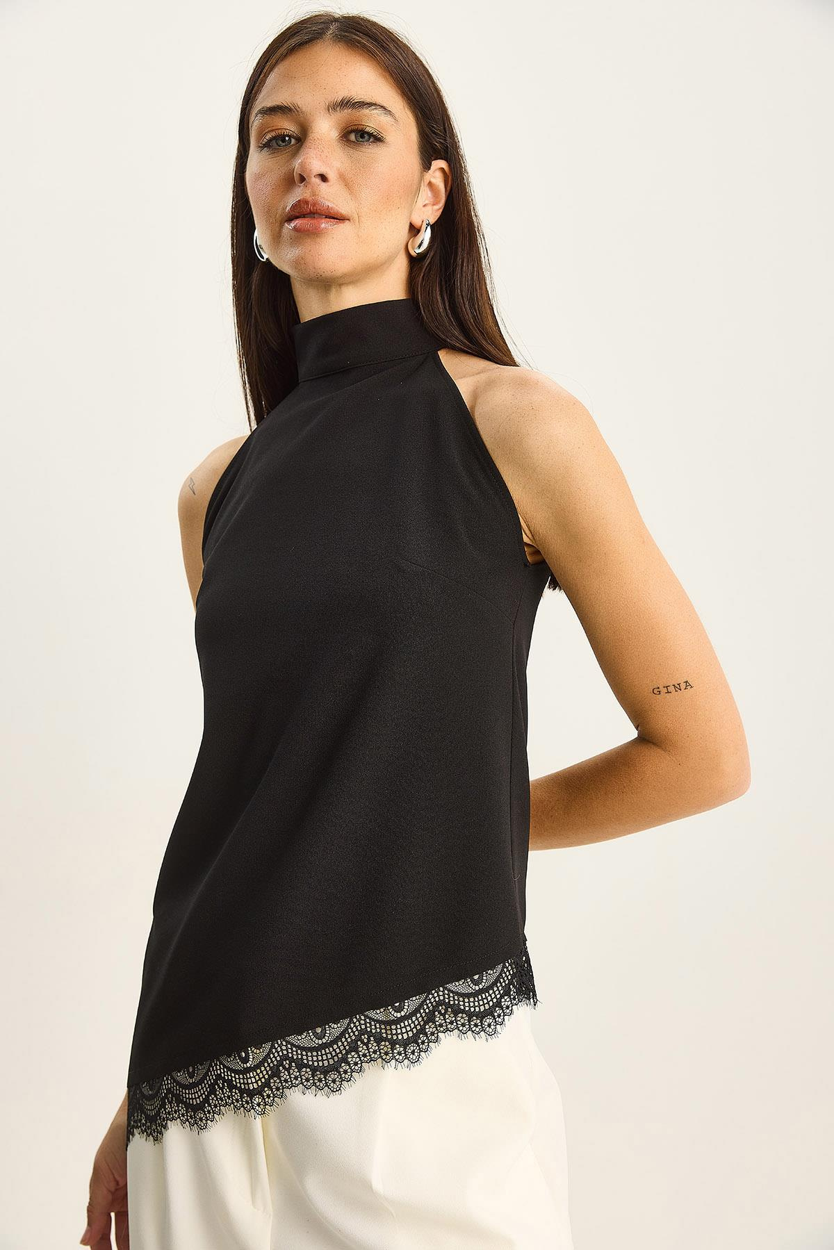 Kadın Halter Yaka Asimetrik Etek Ucu Dantel Detaylı Bluz 2914 60283791 - Siyah BLUZ modelleri