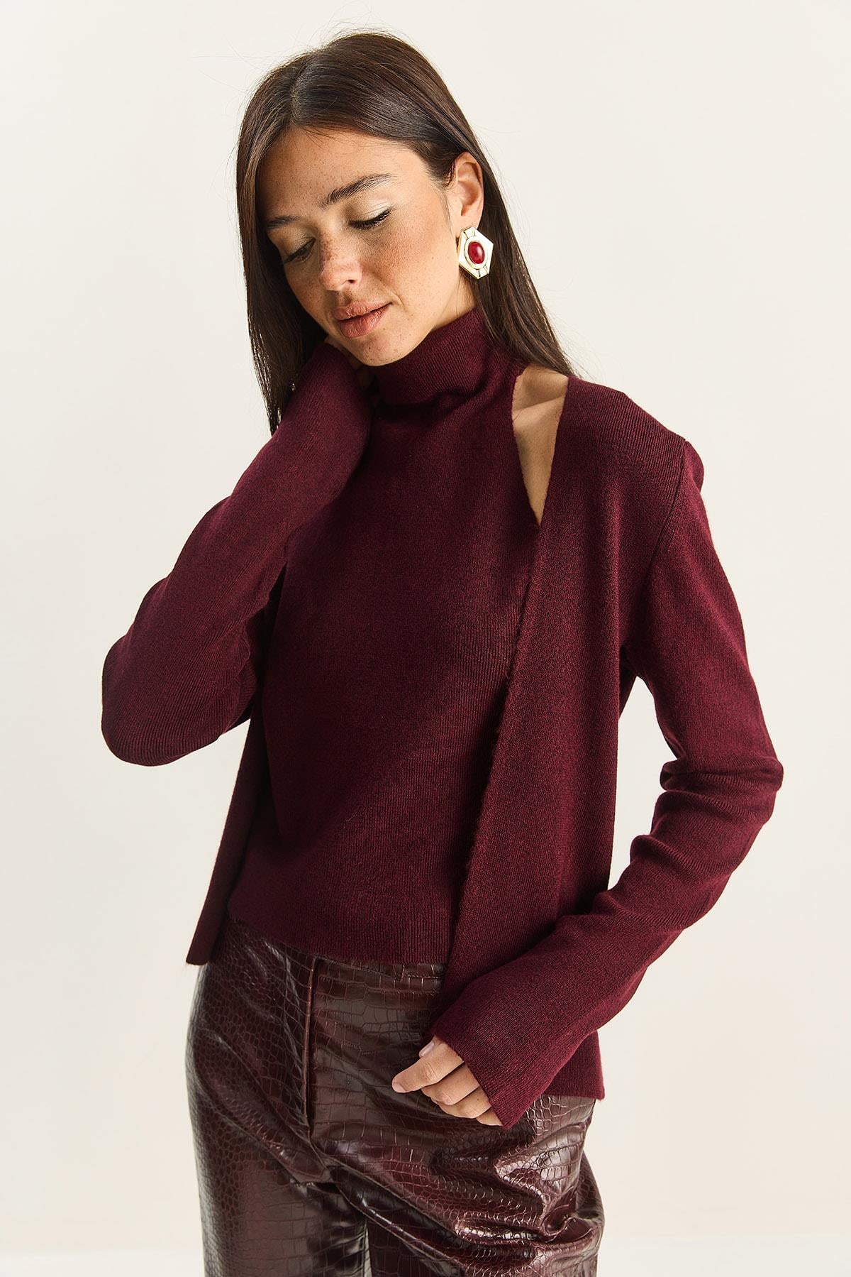 Kadın Halter Yaka İçten Bluz Detaylı Hırka TH251006 60283834 - Bordo BLUZ modelleri