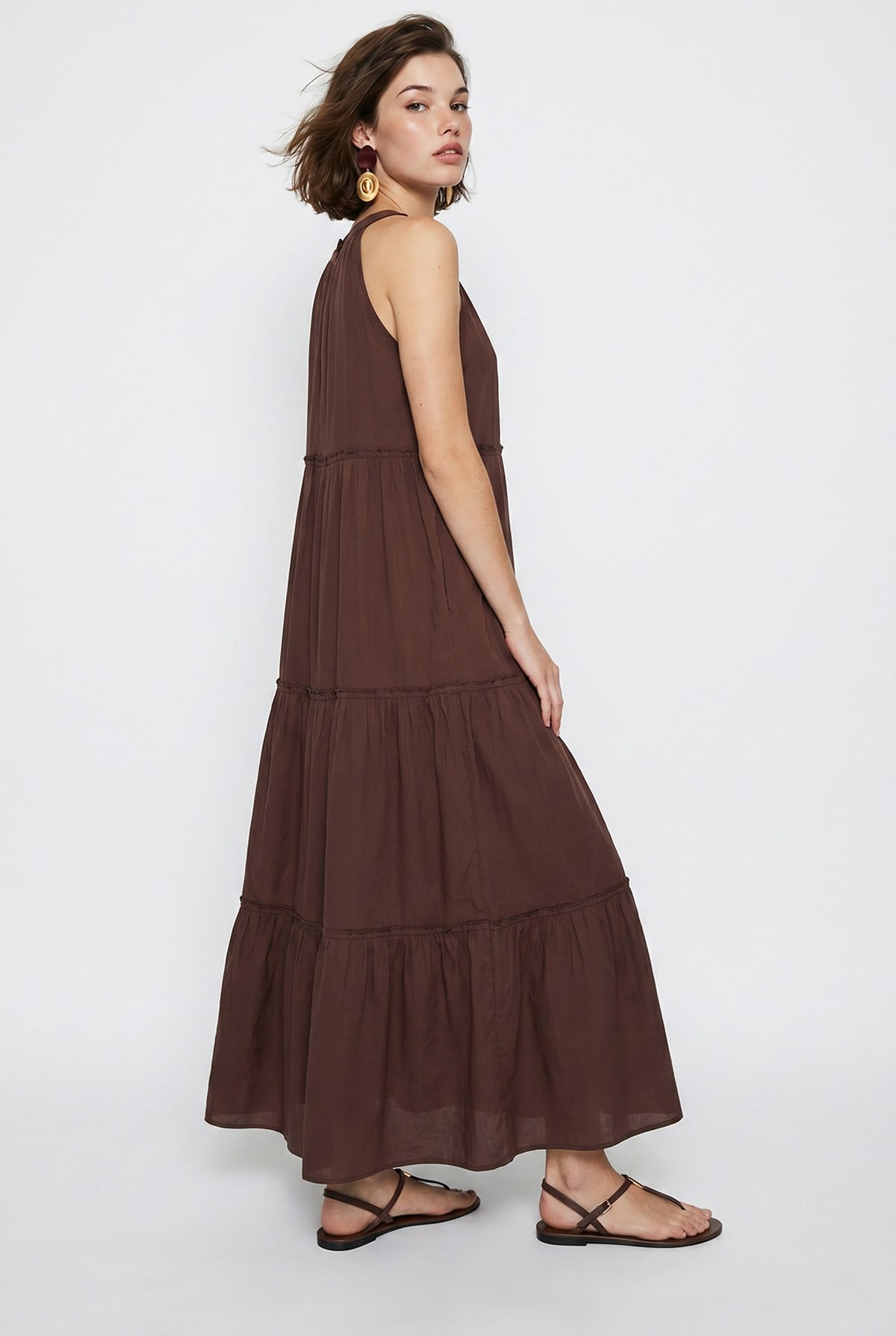 Kadın Halter Yaka Kat Kat Detaylı Modal Maxi Elbise 4852 60286367 - Acı Kahve ELBİSE modelleri