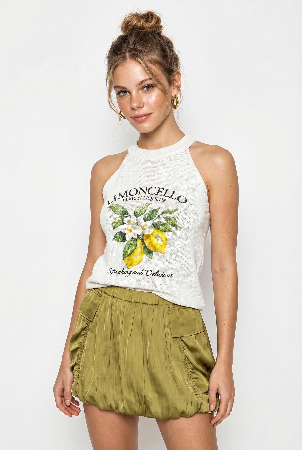 Kadın Halter Yaka Limon Baskılı Triko Pamuklu Bluz TK261059 60286222 - Ekru BLUZ modelleri