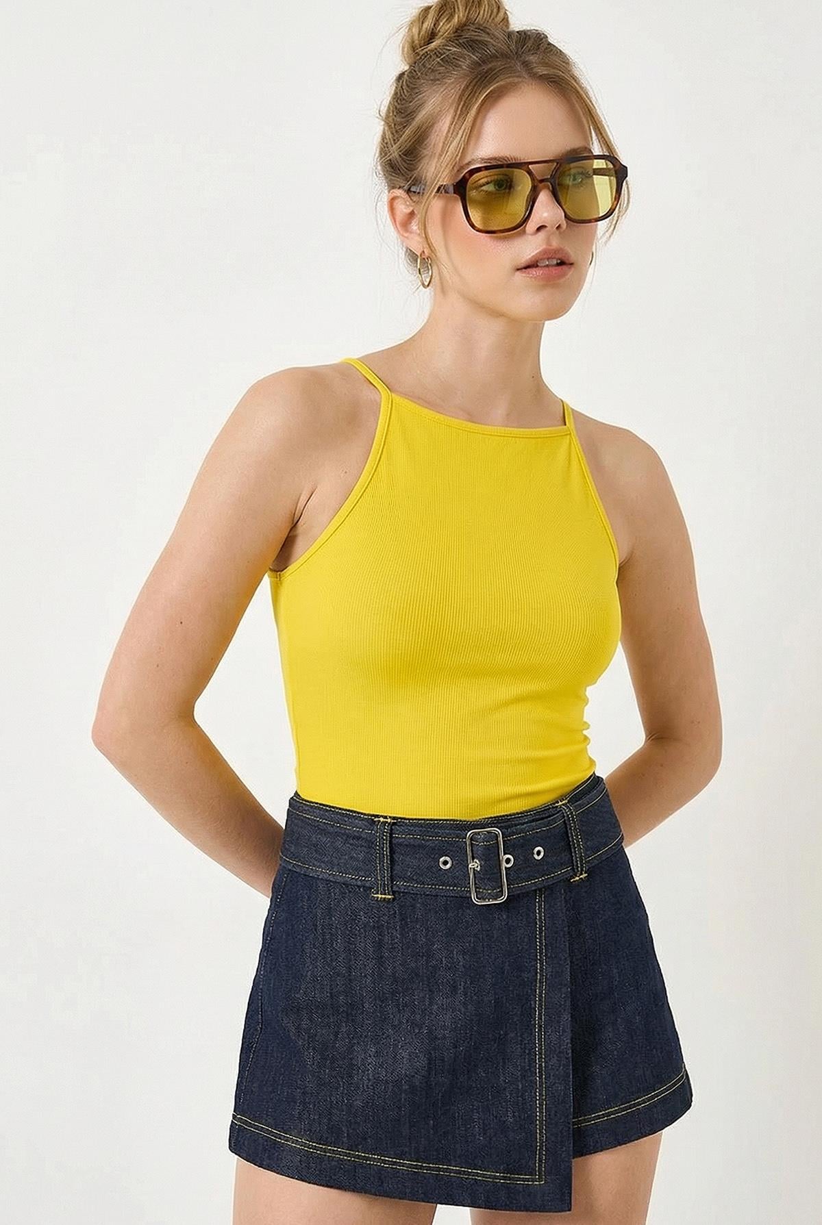 Kadın Halter Yaka Saran Basic Bluz 60251253 - Sarı BLUZ modelleri