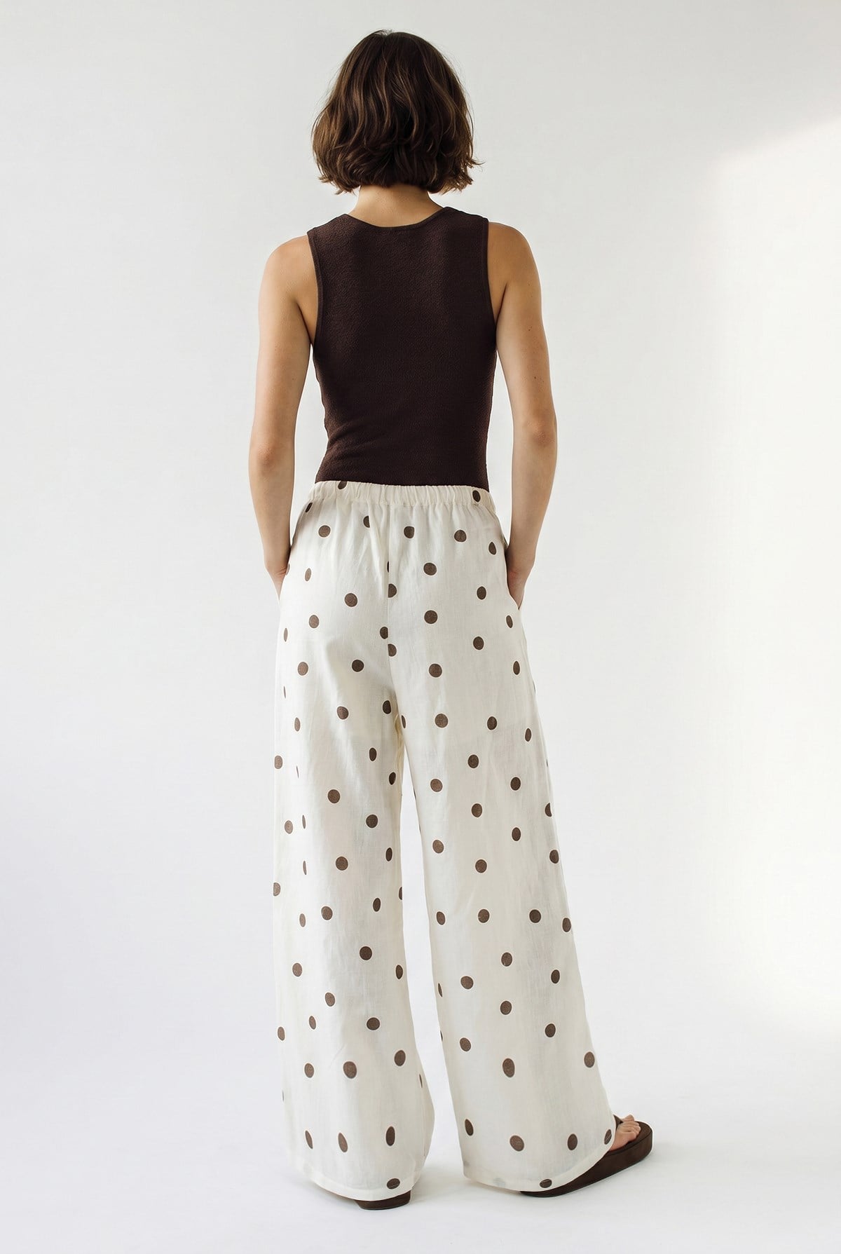 Kadın Ham Keten Bel Bağlamalı Puantiyeli Relaxed Bol Pantolon 3322 60286334 - Krem-Kahverengi PANTOLON modelleri