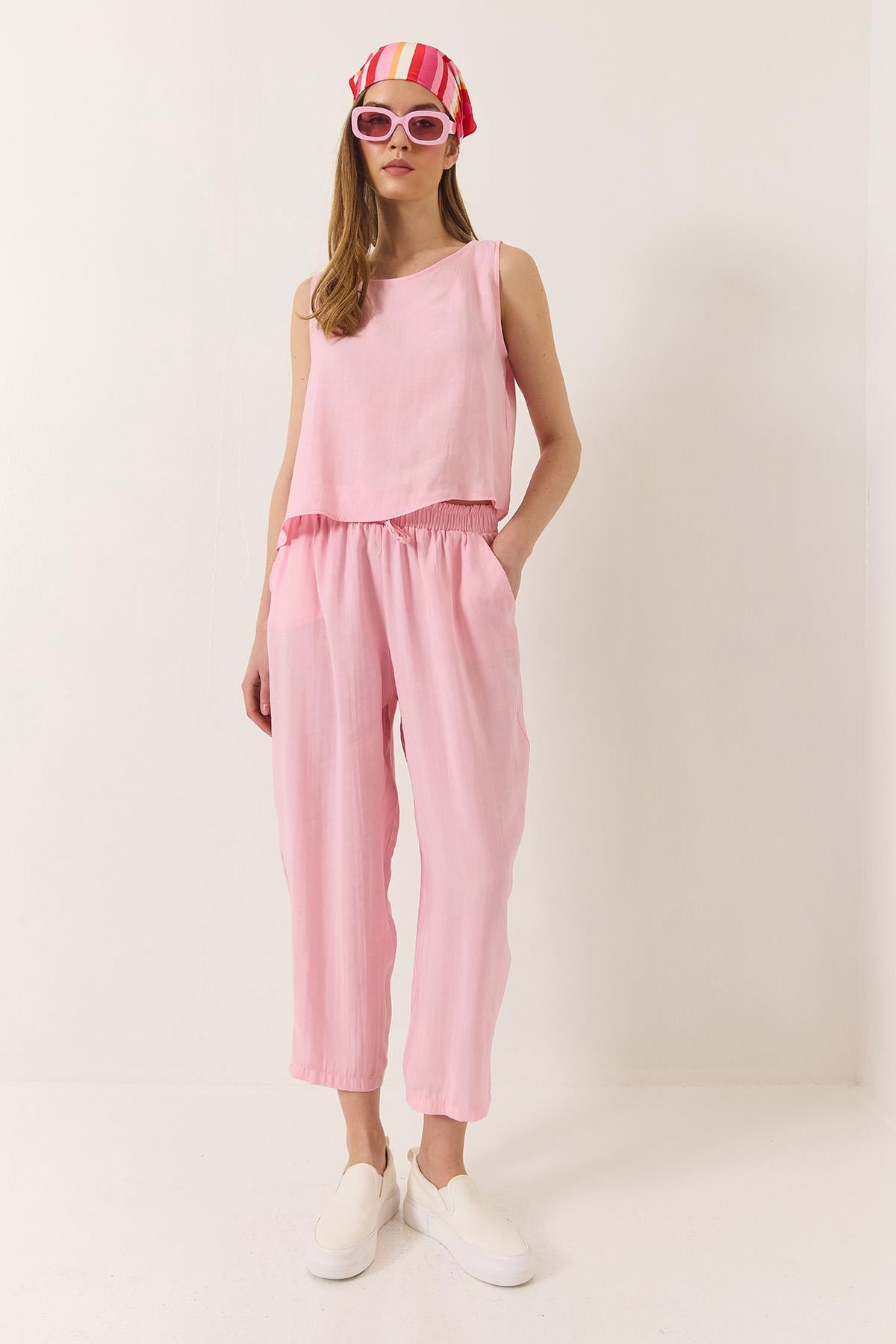 Kadın Kalın Askılı Bluz Beli Lastikli Pantolon Modal Takım 3089 60283231 - Toz Pembe