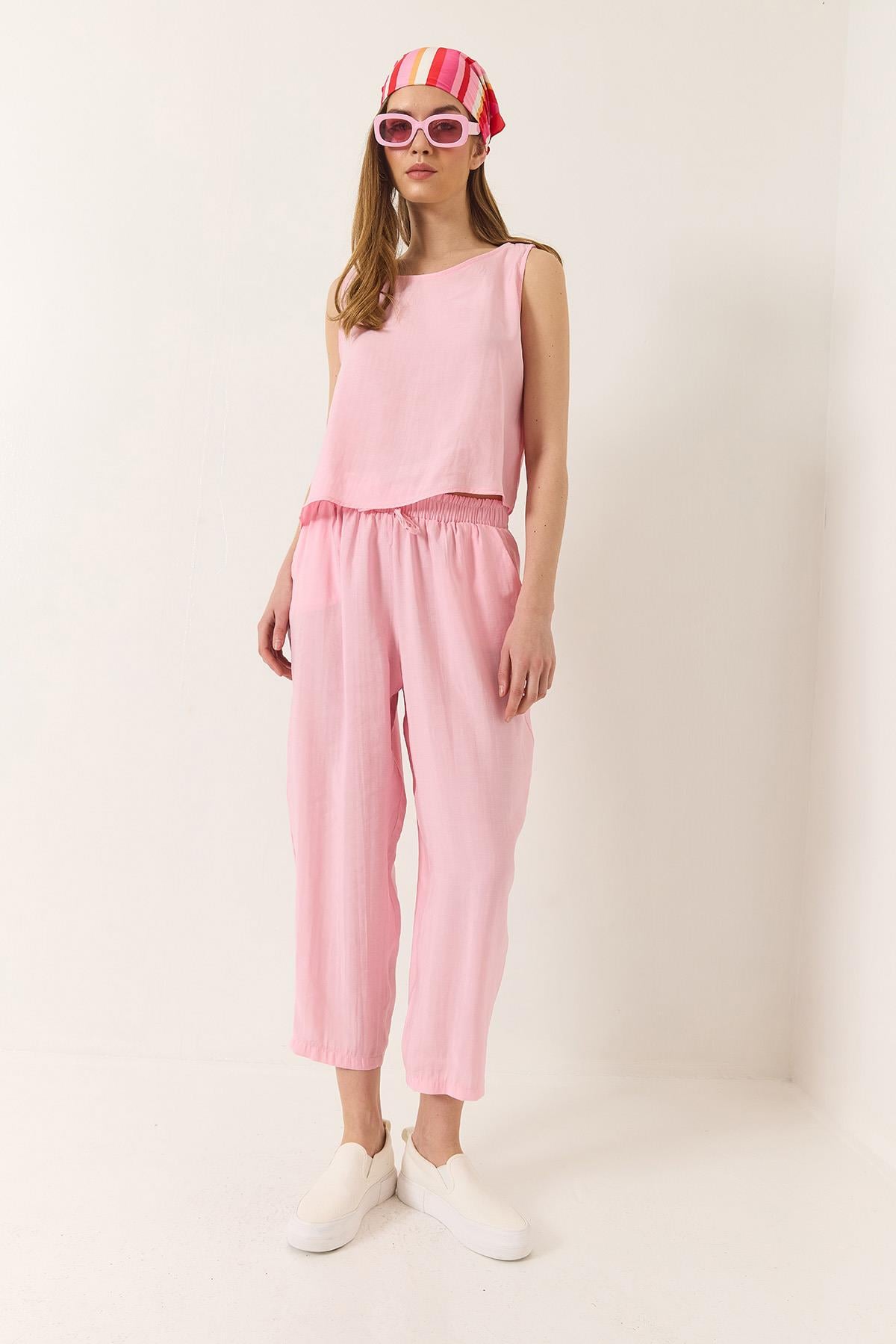 Kadın Kalın Askılı Bluz Beli Lastikli Pantolon Modal Takım 3089 60283231 - Toz Pembe