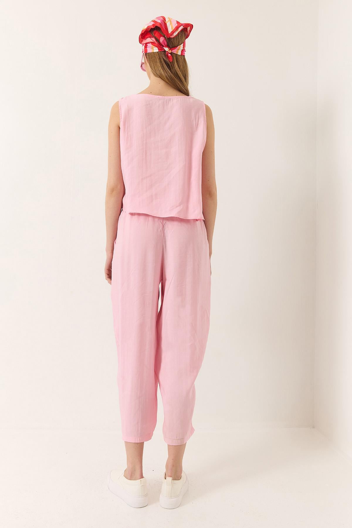 Kadın Kalın Askılı Bluz Beli Lastikli Pantolon Modal Takım 3089 60283231 - Toz Pembe