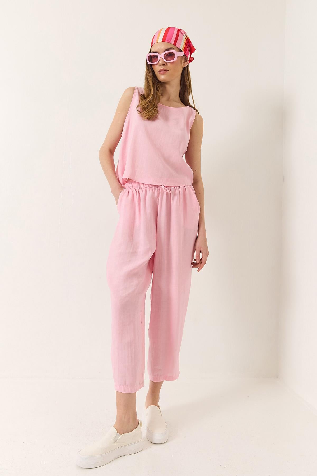 Kadın Kalın Askılı Bluz Beli Lastikli Pantolon Modal Takım 3089 60283231 - Toz Pembe