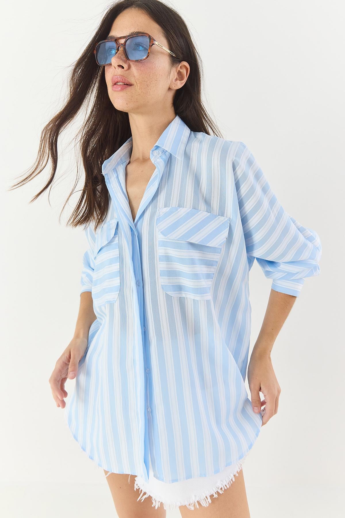 Kadın Kalın Çizgili Çift Cep Detaylı Oversize Basic Yazlık Gömlek 34399-1 60283249 - Bebe Mavisi