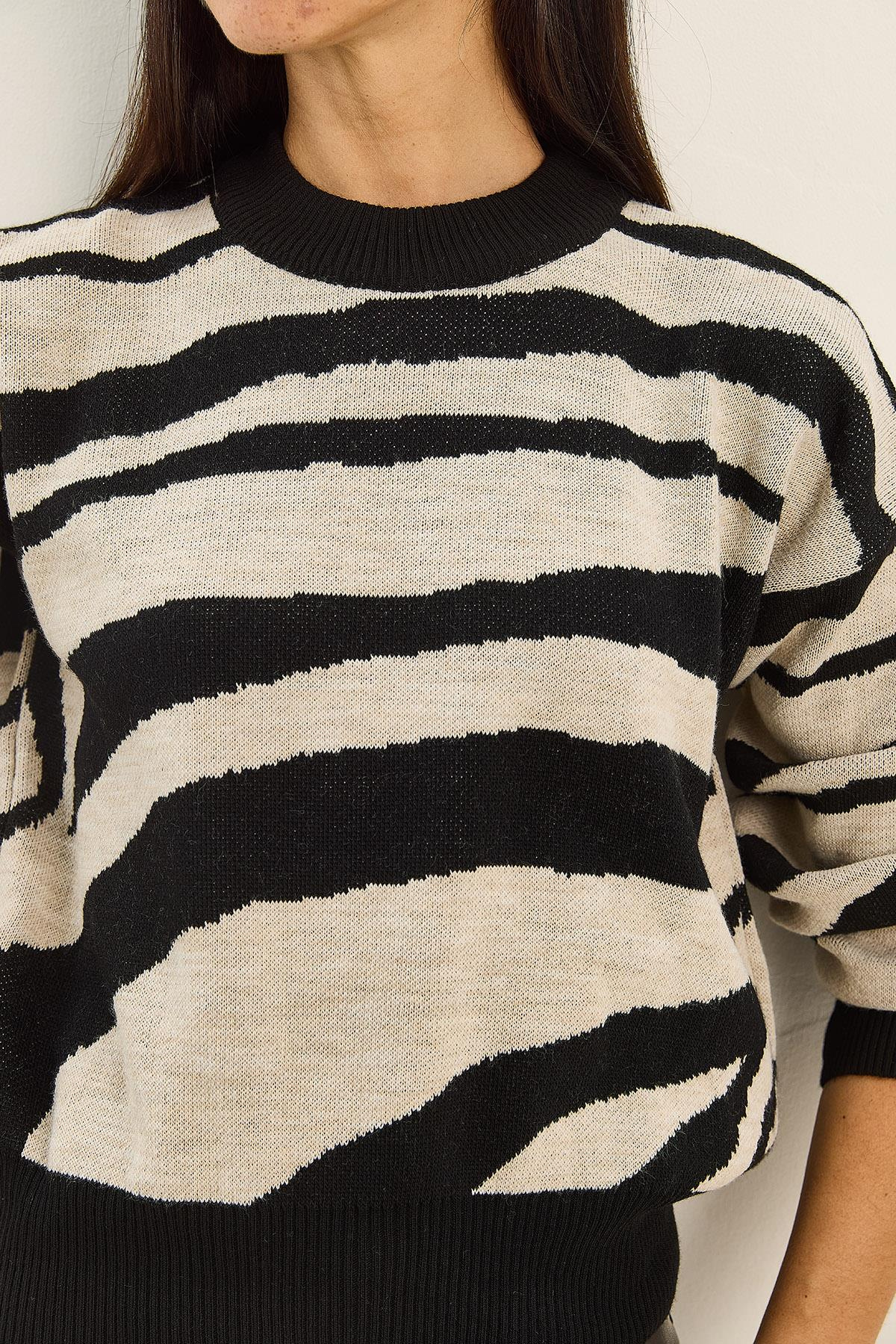 Kadın Kalın Zebra Desenli Bisiklet Yaka Triko Kazak 60285007 - Siyah-Ekru KAZAK modelleri