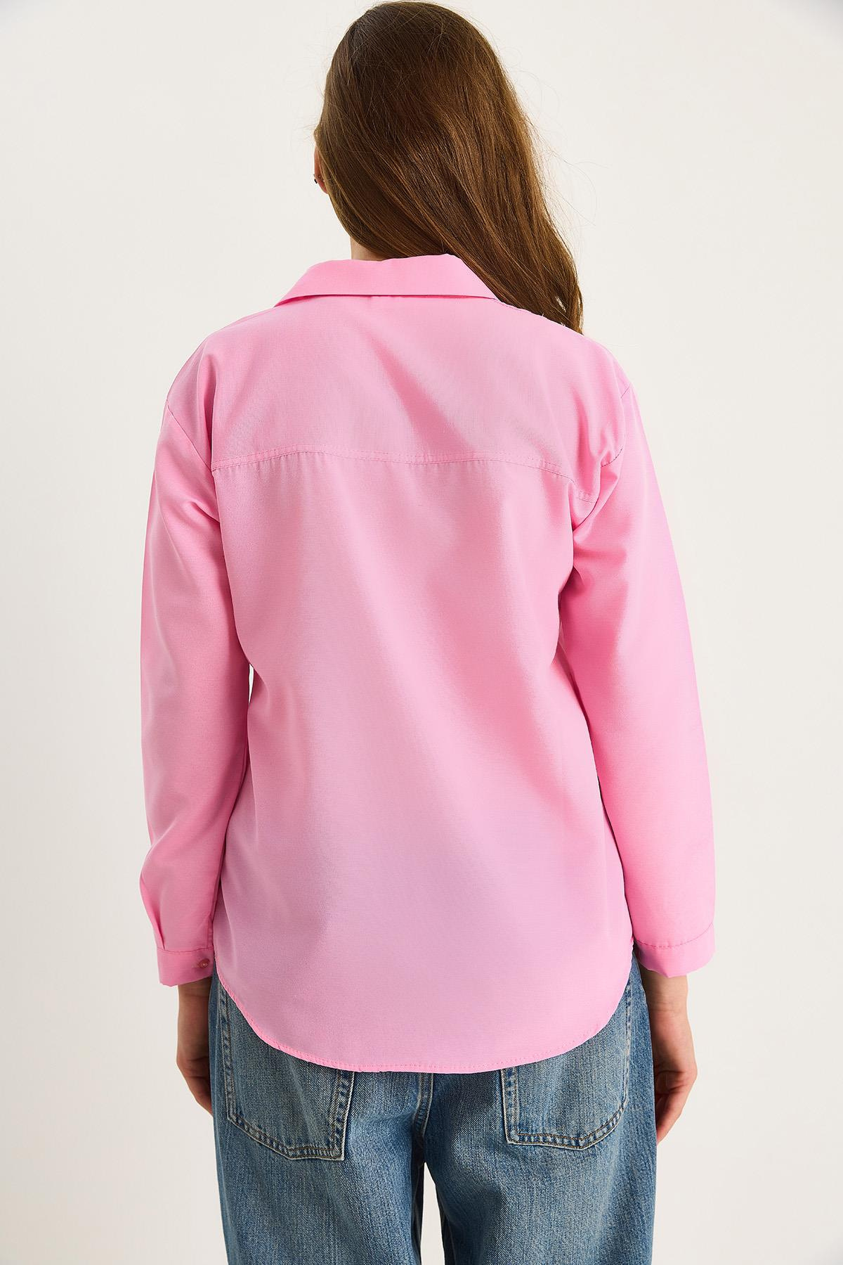 Kadın Kalp Nakış İşlemeli Regular Poplin Gömlek 60283482 - Şeker Pembe