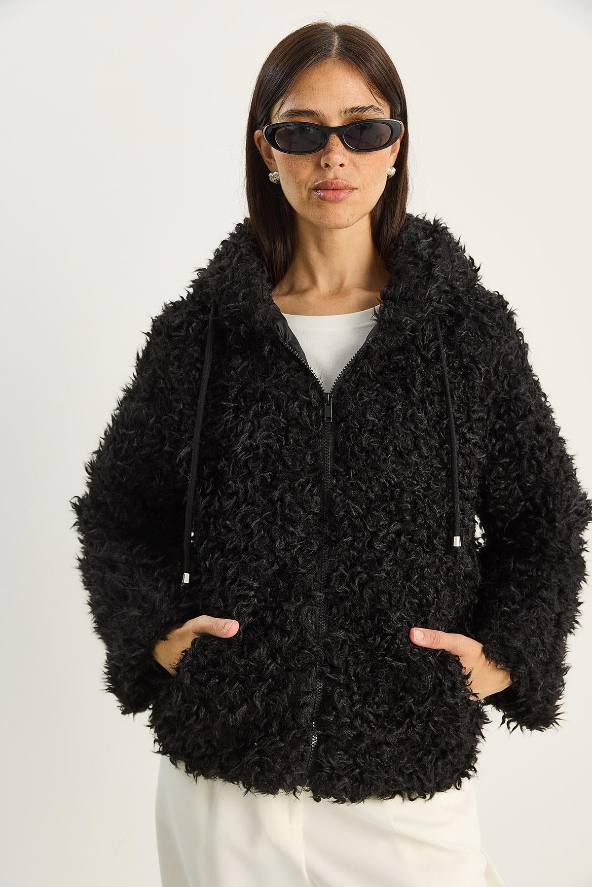 Kadın Kapüşonlu Astarlı Teddy Mont 2818 60281117 - Siyah DIŞ GİYİM modelleri