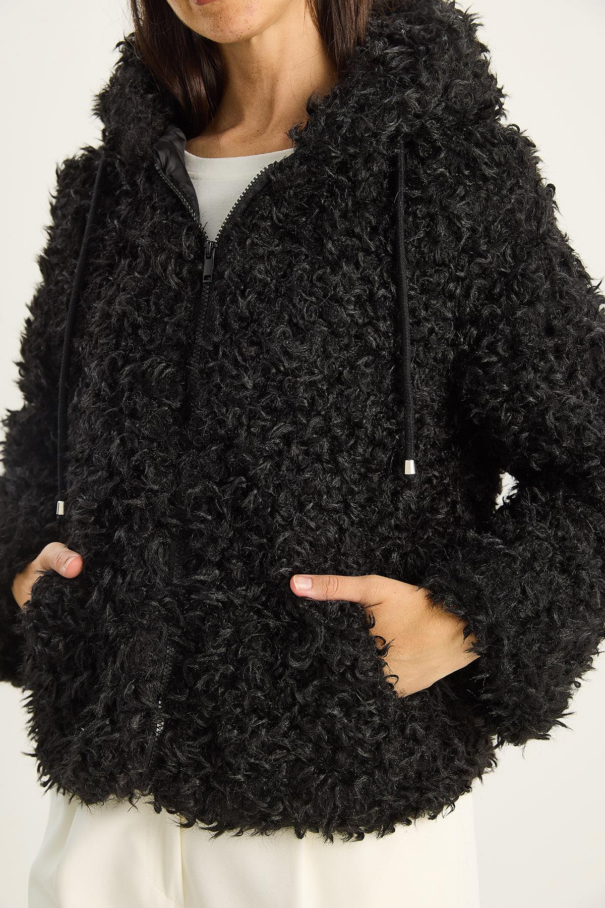 Kadın Kapüşonlu Astarlı Teddy Mont 2818 60281117 - Siyah DIŞ GİYİM modelleri