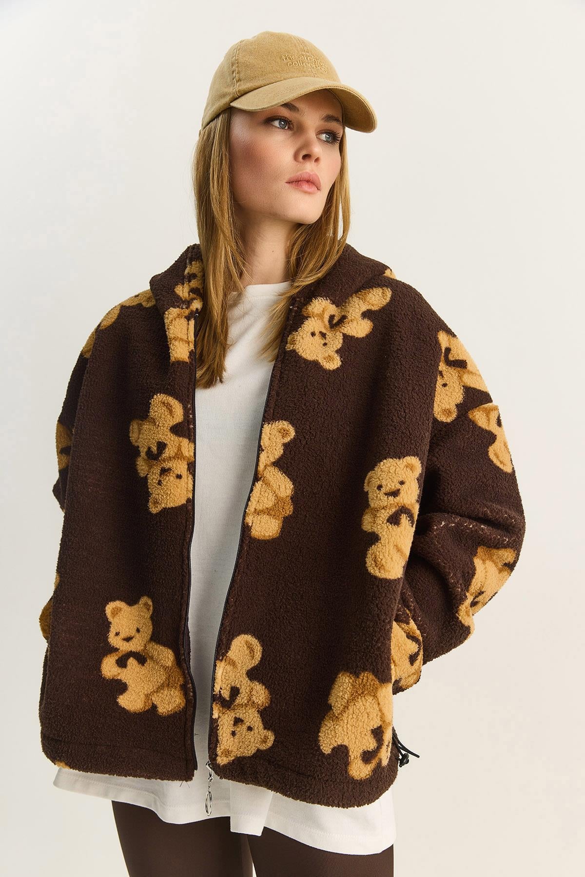 Kadın Kapüşonlu Cep Detaylı Teddy Oversize Polar Sweatshirt 4133 60283893 - Kahverengi SWEATSHİRT modelleri
