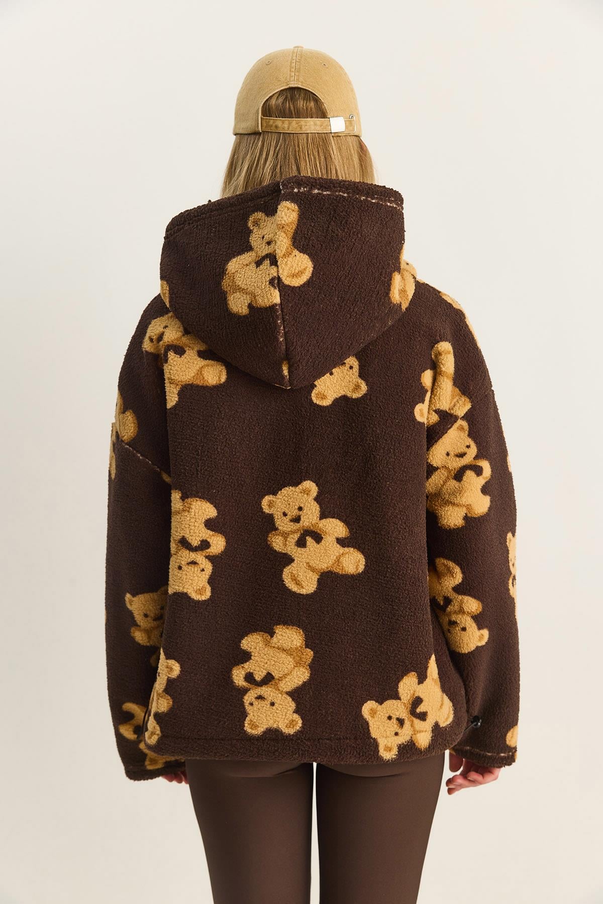 Kadın Kapüşonlu Cep Detaylı Teddy Oversize Polar Sweatshirt 4133 60283893 - Kahverengi SWEATSHİRT modelleri