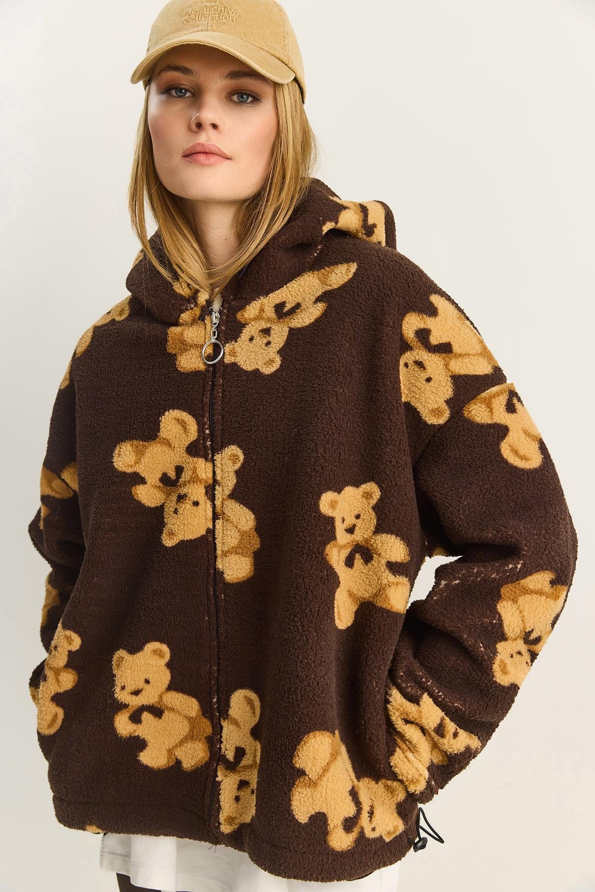 Kadın Kapüşonlu Cep Detaylı Teddy Oversize Polar Sweatshirt 4133 60283893 - Kahverengi SWEATSHİRT modelleri