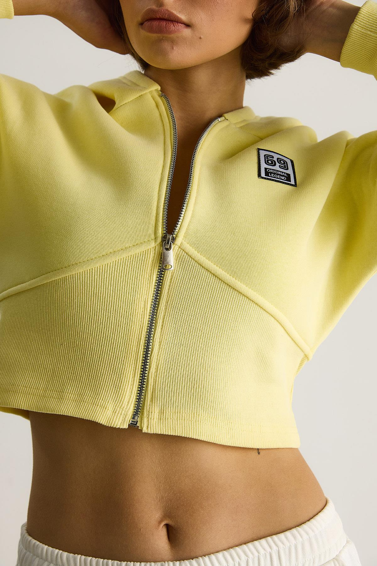 Kadın Kapüşonlu Fermuarlı Korse Detaylı Şardonlu Crop Hırka 6867 60283525 - Limon Sarısı HIRKA modelleri