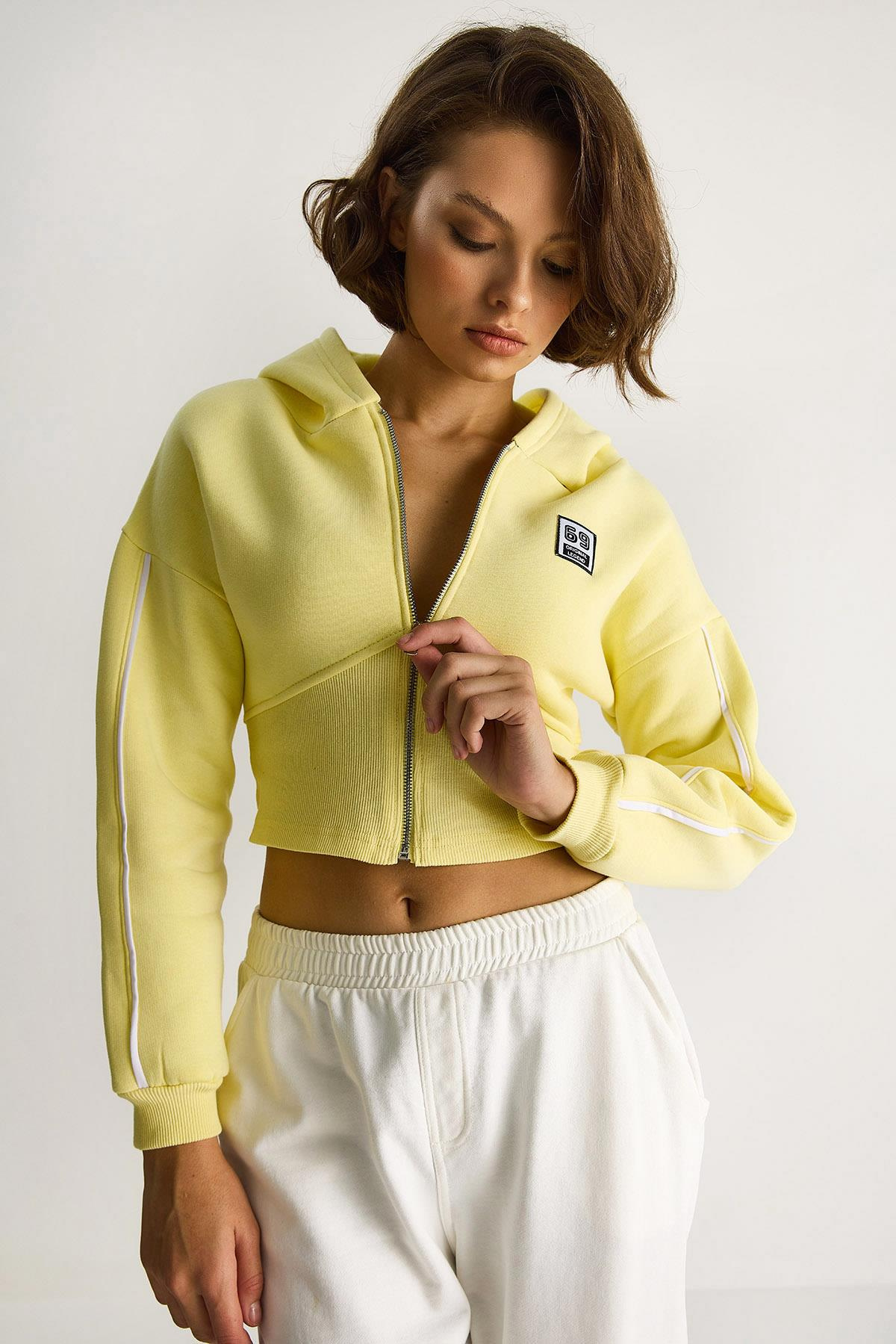 Kadın Kapüşonlu Fermuarlı Korse Detaylı Şardonlu Crop Hırka 6867 60283525 - Limon Sarısı HIRKA modelleri