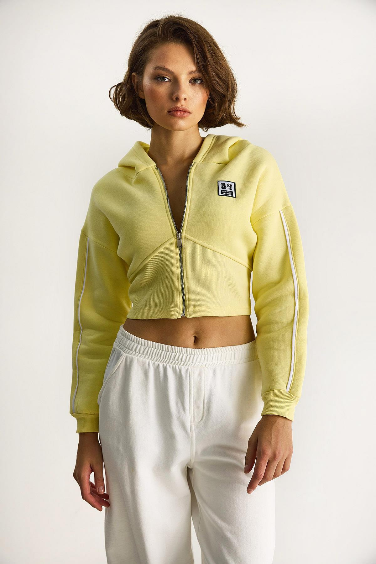 Kadın Kapüşonlu Fermuarlı Korse Detaylı Şardonlu Crop Hırka 6867 60283525 - Limon Sarısı HIRKA modelleri