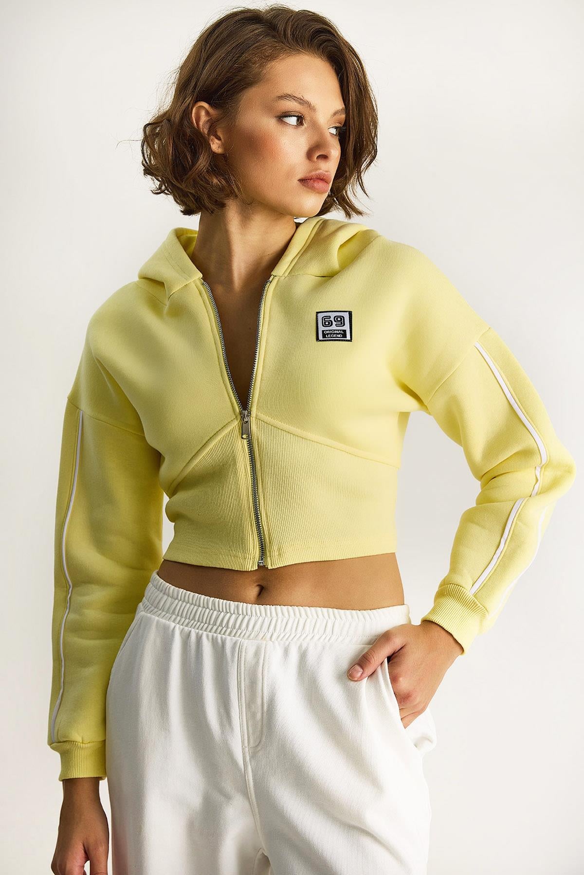 Kadın Kapüşonlu Fermuarlı Korse Detaylı Şardonlu Crop Hırka 6867 60283525 - Limon Sarısı HIRKA modelleri