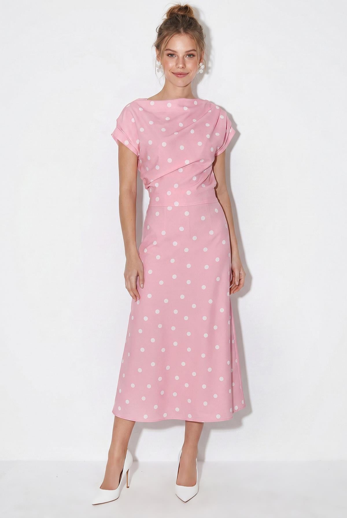 Kadın Kayık Yaka Drape Detaylı Puantiyeli Midi Elbise 8708 60286184 - Pembe-Ekru ELBİSE modelleri