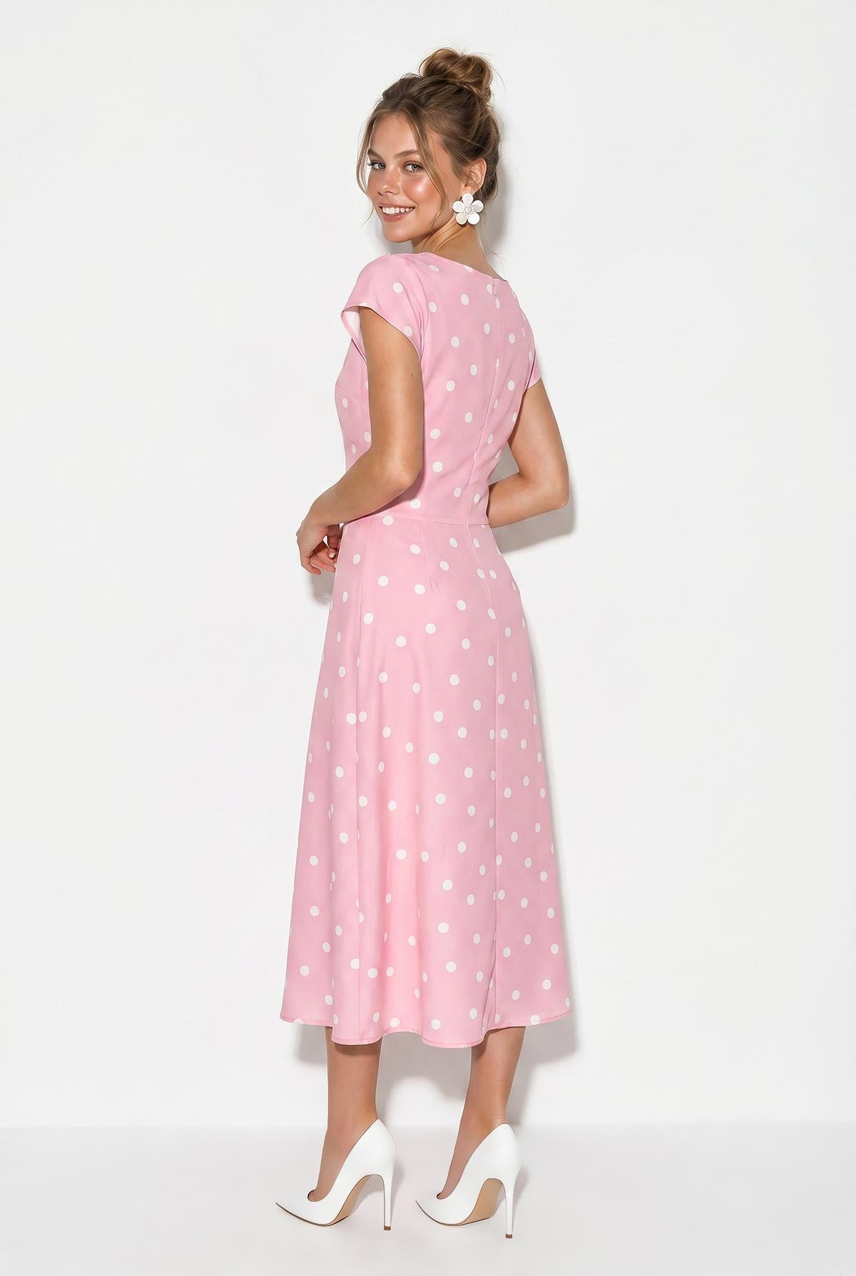 Kadın Kayık Yaka Drape Detaylı Puantiyeli Midi Elbise 8708 60286184 - Pembe-Ekru ELBİSE modelleri
