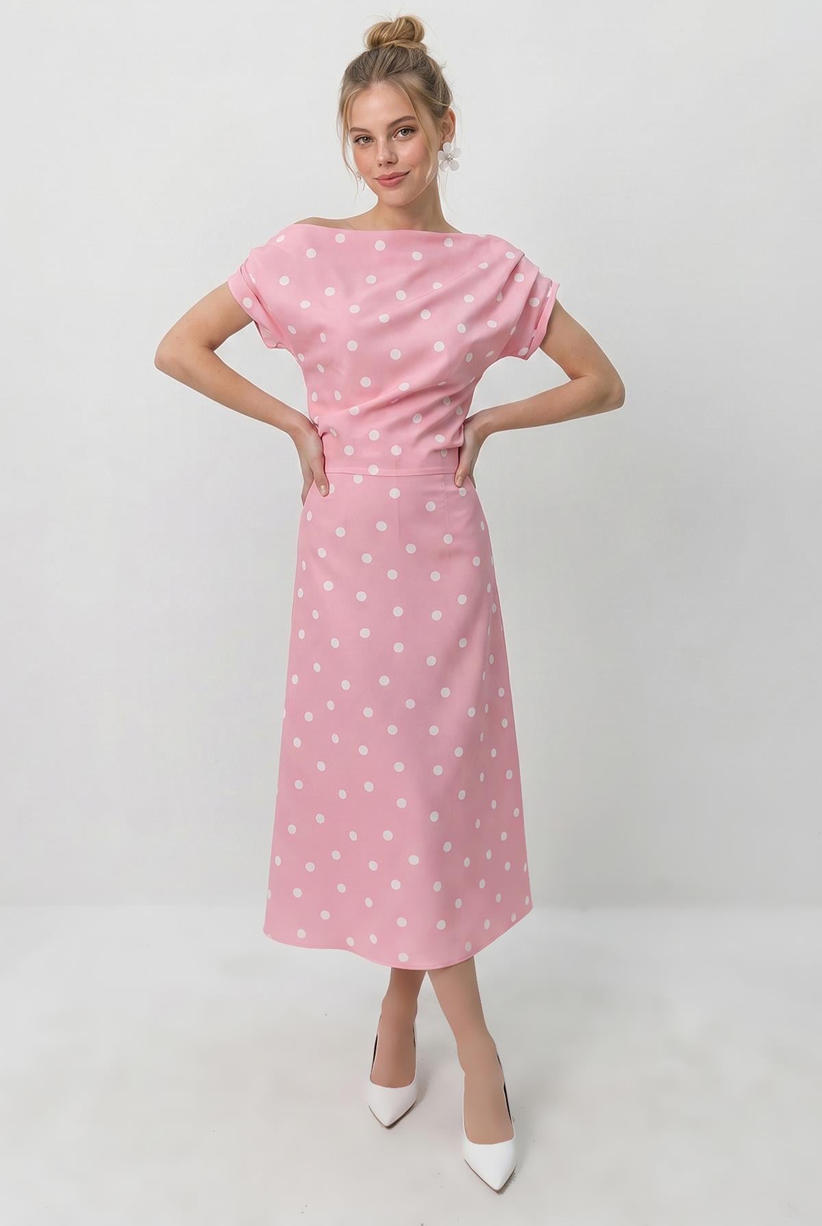 Kadın Kayık Yaka Drape Detaylı Puantiyeli Midi Elbise 8708 60286184 - Pembe-Ekru ELBİSE modelleri