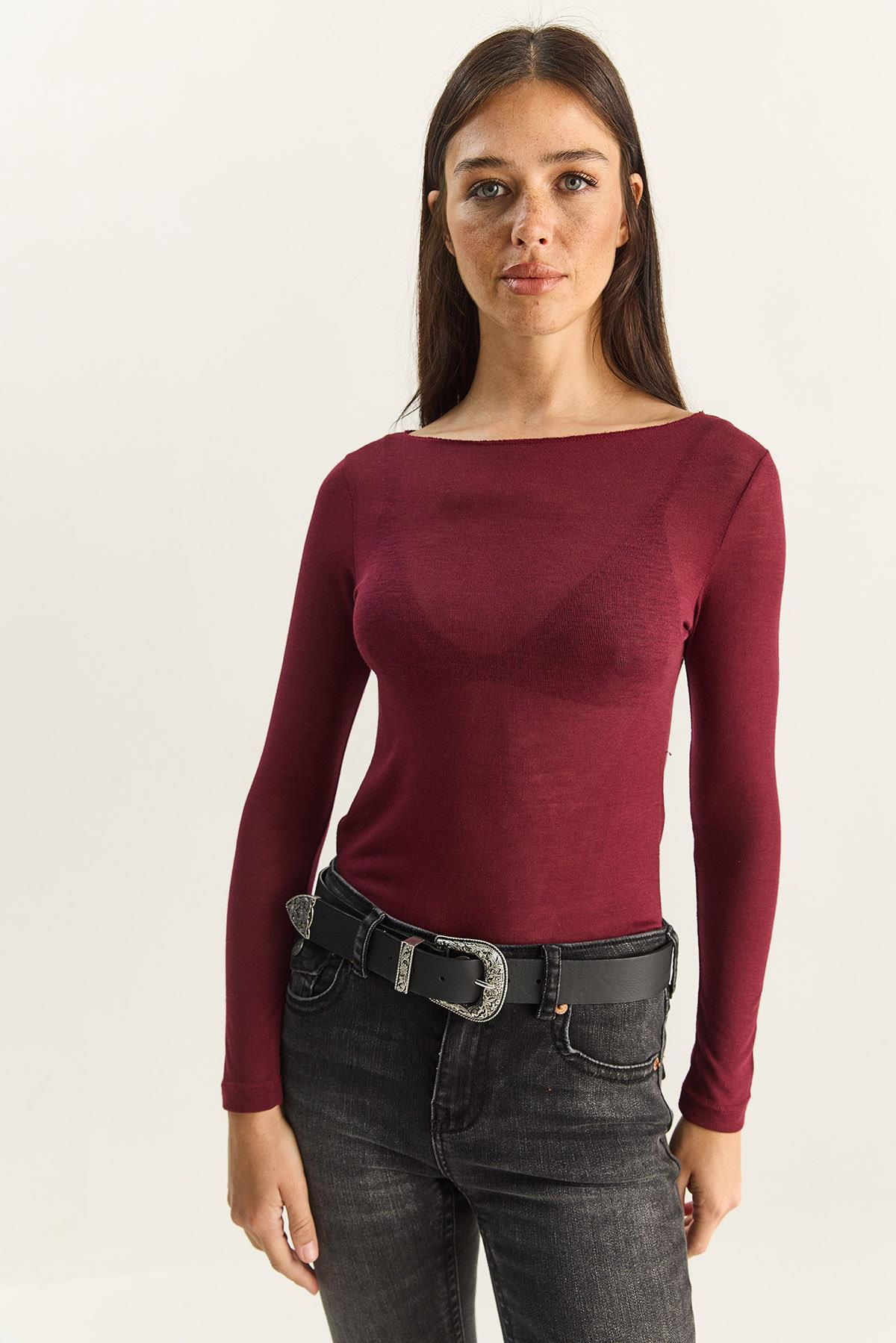 Kadın Kayık Yaka Modal Ultra Hafif Bluz 1012 60283863 - Bordo BLUZ modelleri