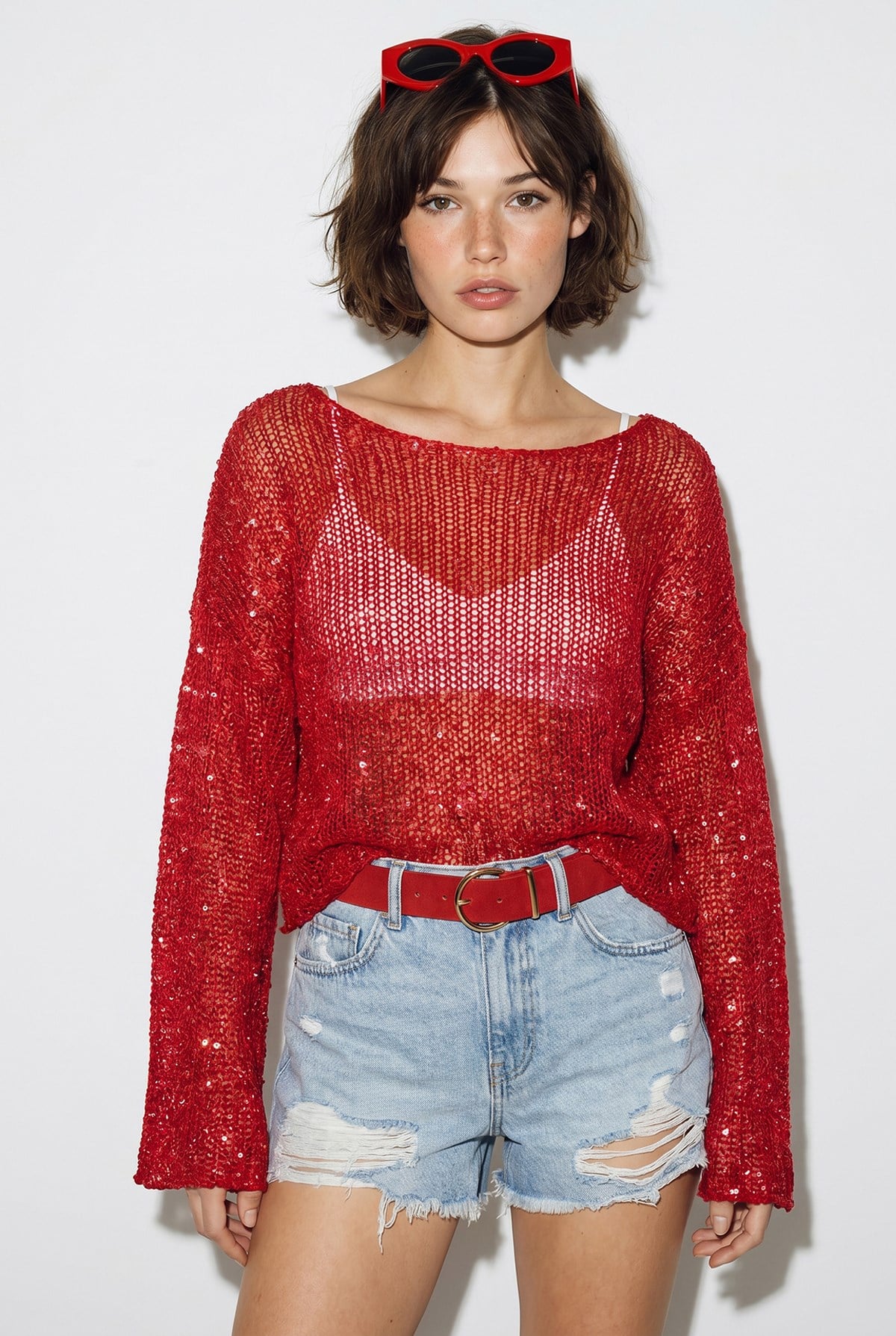 Kadın Kayık Yaka Pullu File Dokulu Yarasa Kollu Crop Bluz 2765 60286345 - Kırmızı BLUZ modelleri