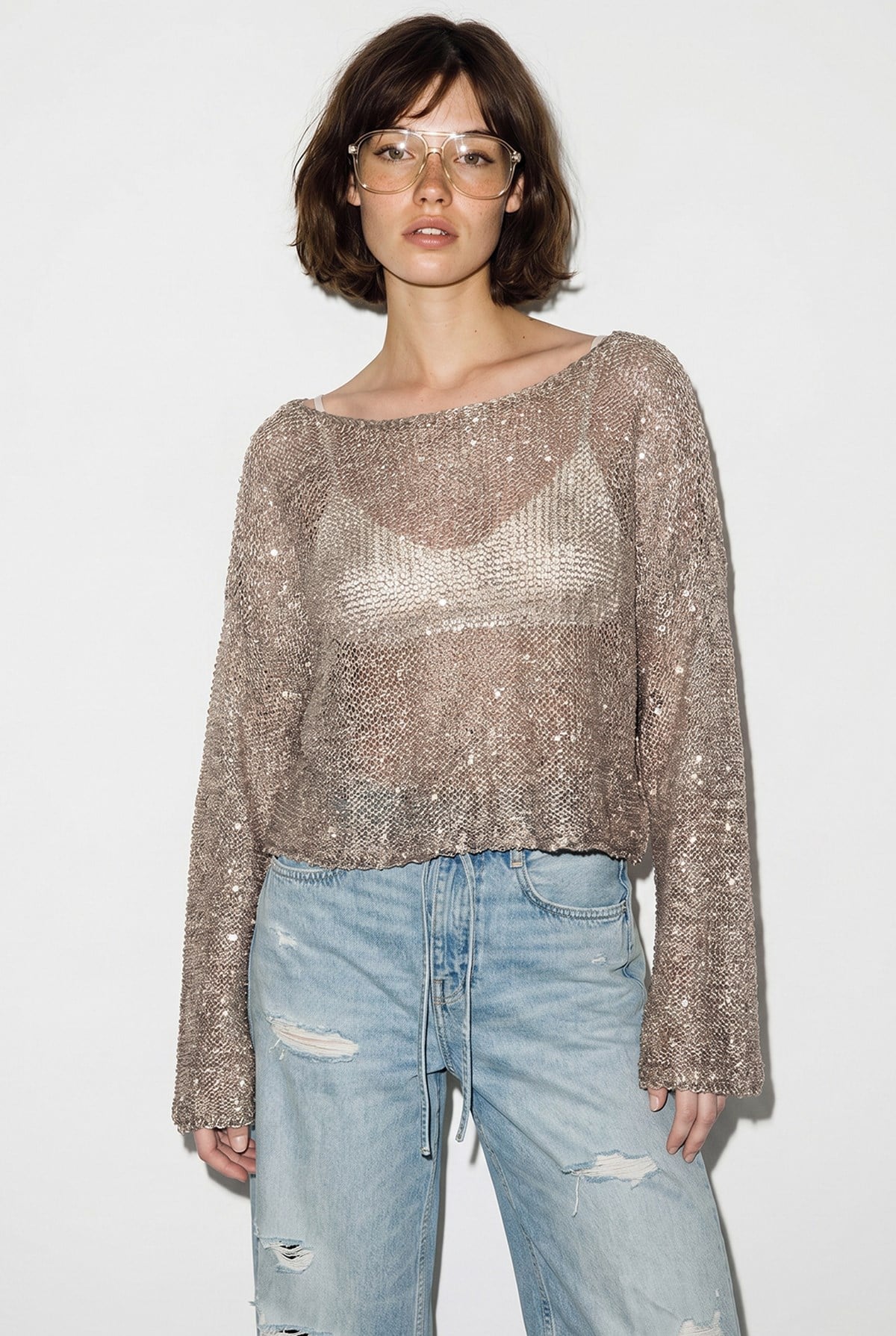 Kadın Kayık Yaka Pullu File Dokulu Yarasa Kollu Crop Bluz 2765 60286345 - Bej BLUZ modelleri