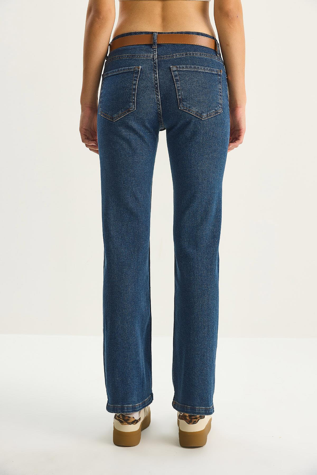 Kadın Kemer Detaylı Yarım İspanyol Paça Likralı Denim Pantolon 5296 60283612 - İndigo PANTOLON modelleri